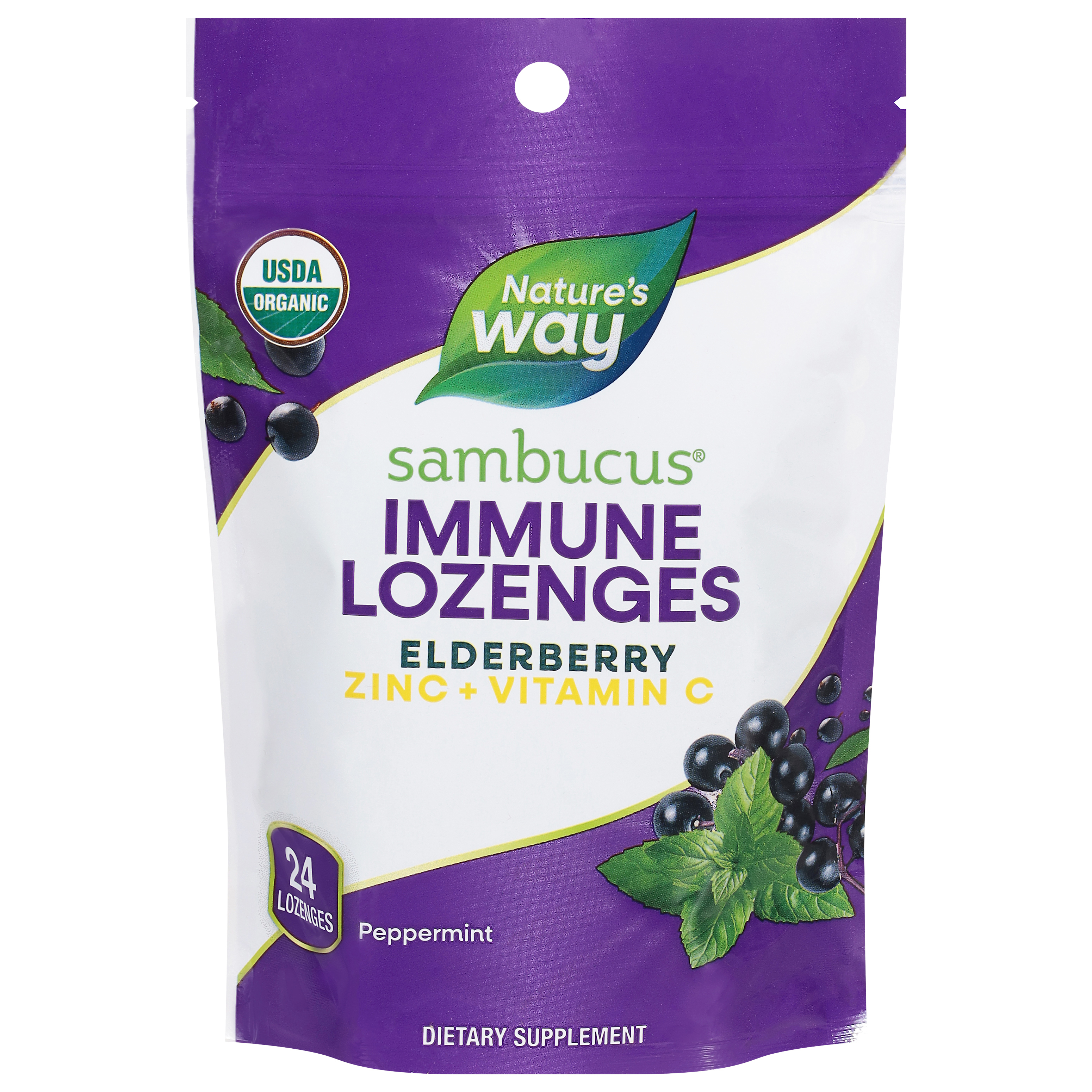 Nature's Way Sambucus Elderberry Zinc + Vitamin C Lozenges Peppermint Immune Lozenges