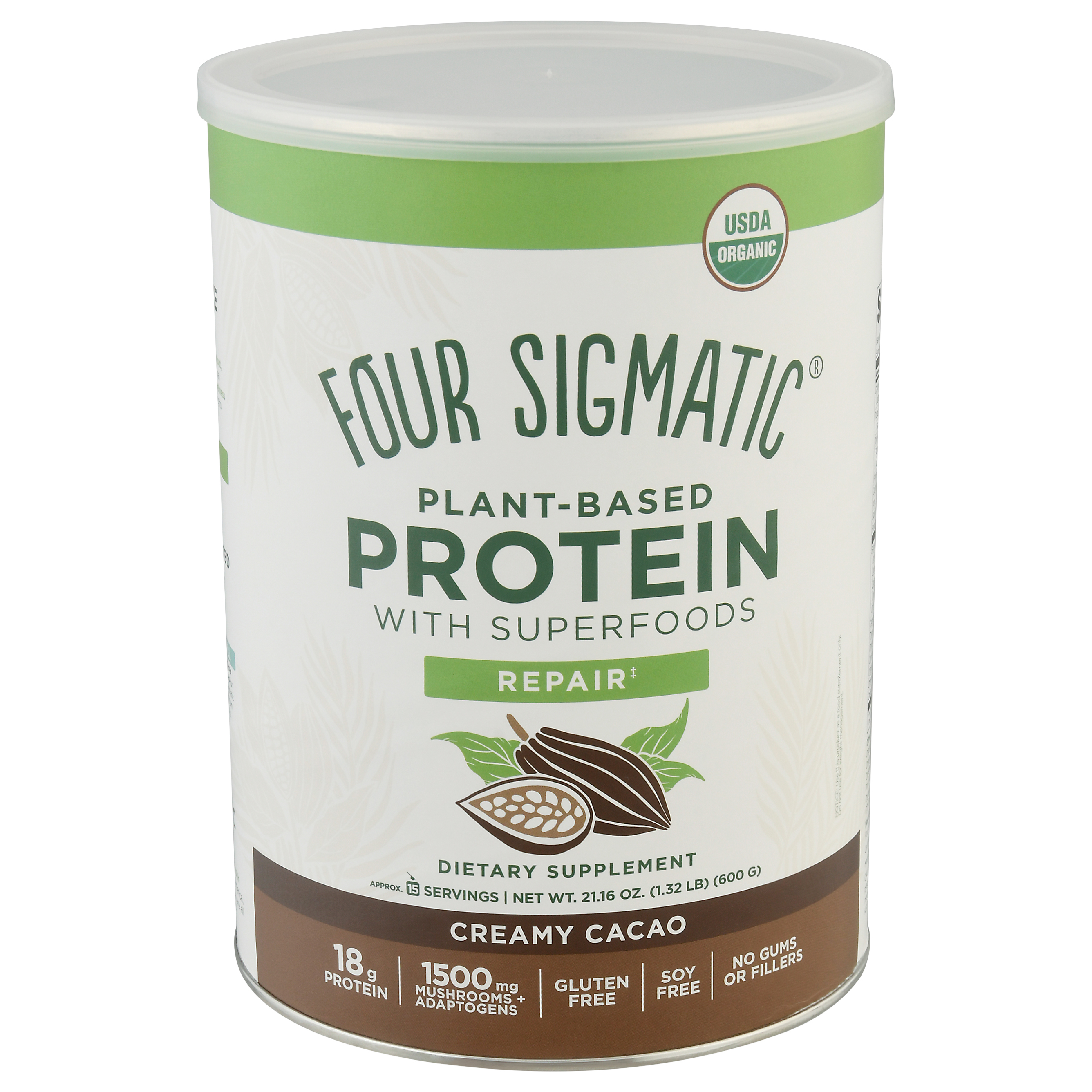 Four Sigmatic Creamy Cacao Repair Plant-Based Protein 21.16 oz Canister