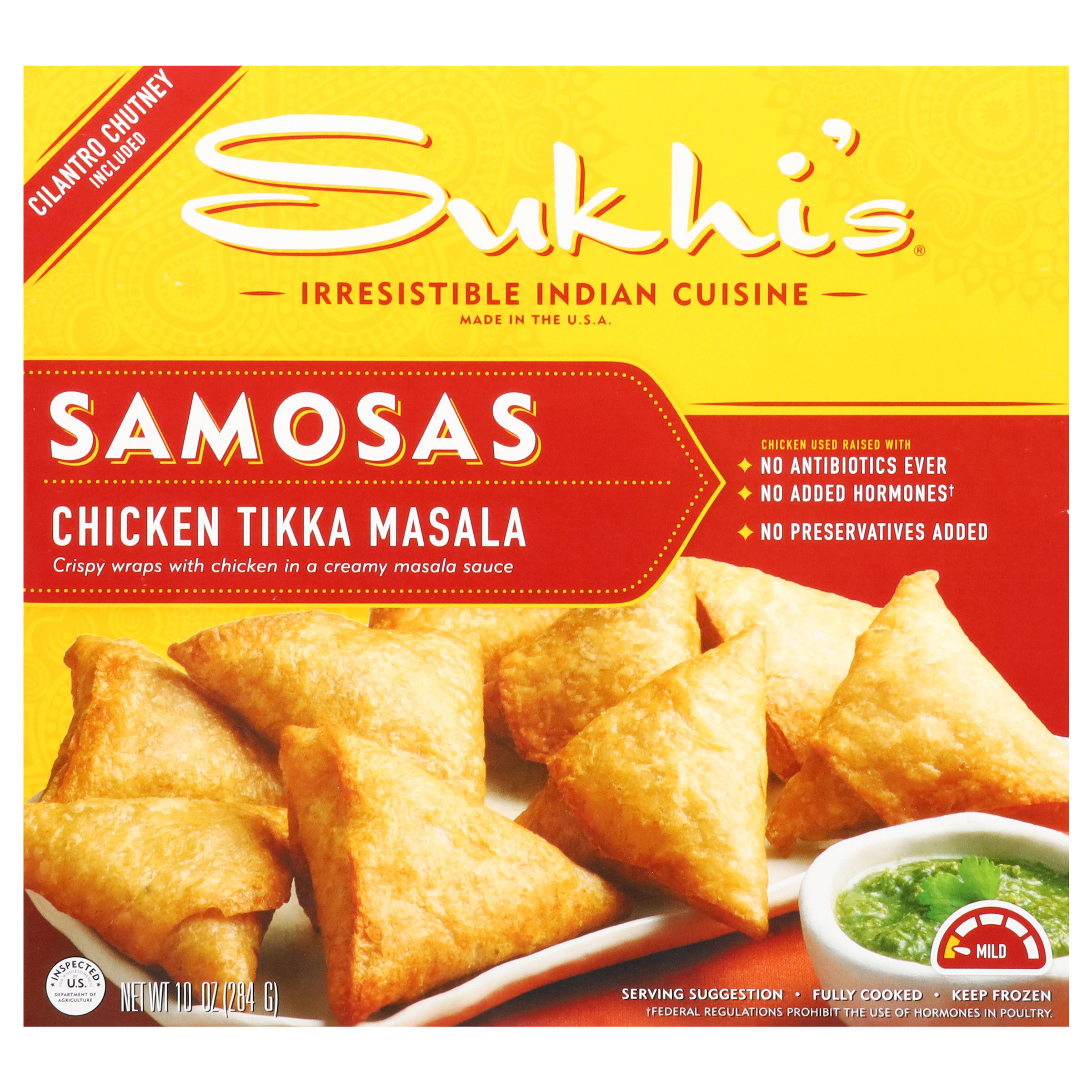 Sukhi's Frozen Chicken Tikka Masala Indian Samosa Appetizer Snack with Cilantro Chutney Dipping Sauce -