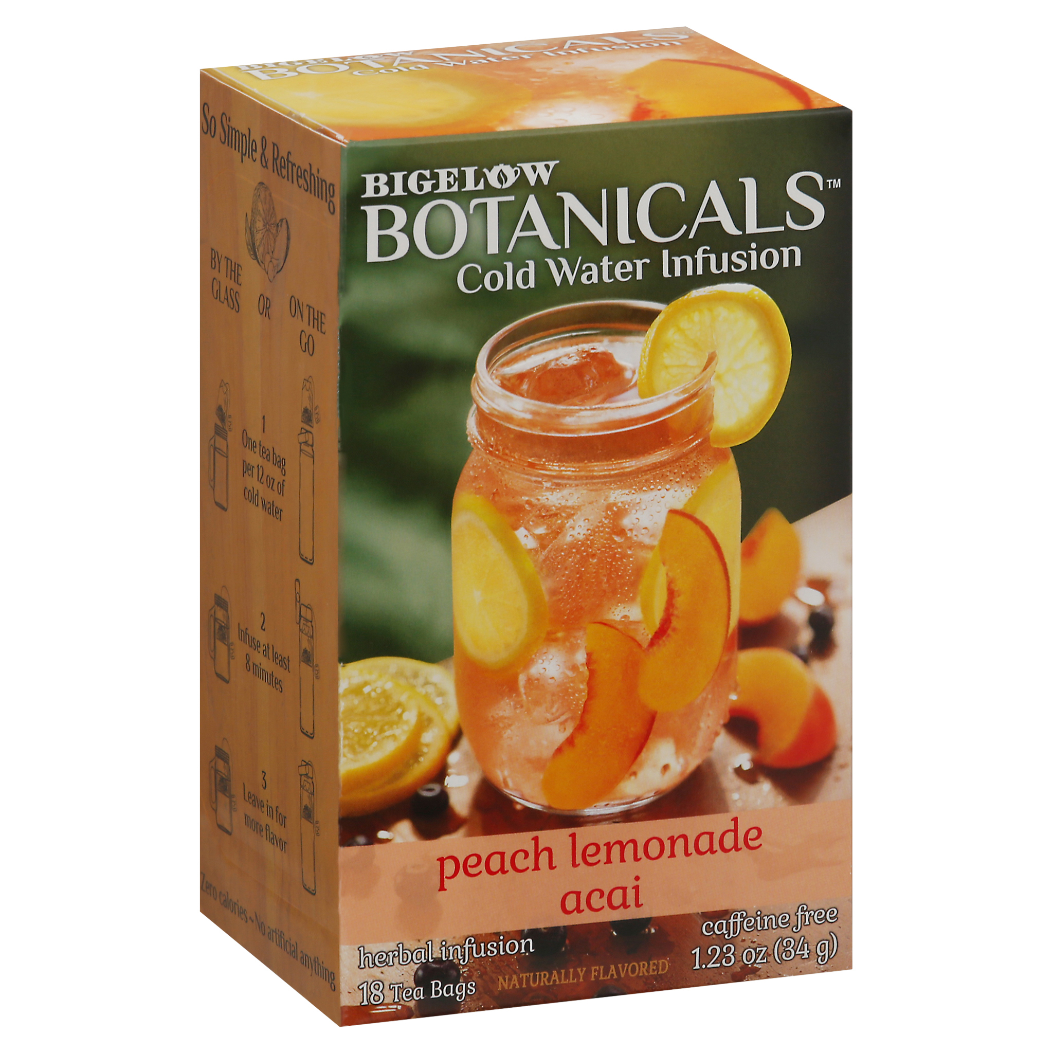 Bigelow Botanicals Caffeine Free Peach Lemonade Acai Cold Water Infusion Tea Bags 18 ea Box