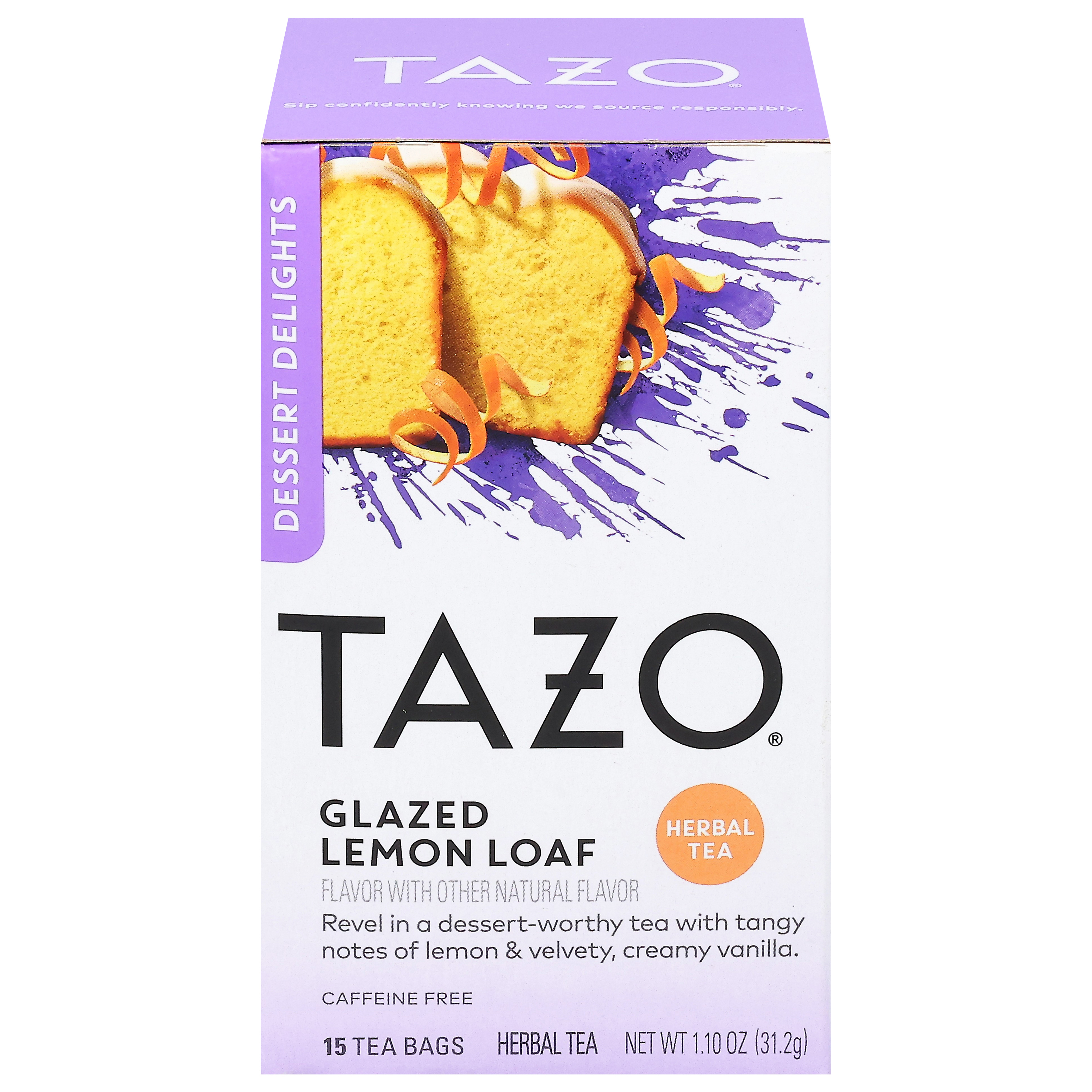 Tazo Caffeine Free Dessert Delights Glazed Lemon Loaf Herbal Tea 15 Tea Bags