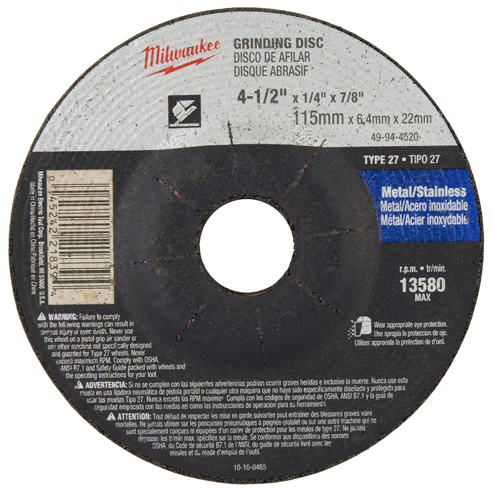 4-1/2" x 1/4" x 7/8" Grinding Wheel (Type 27)