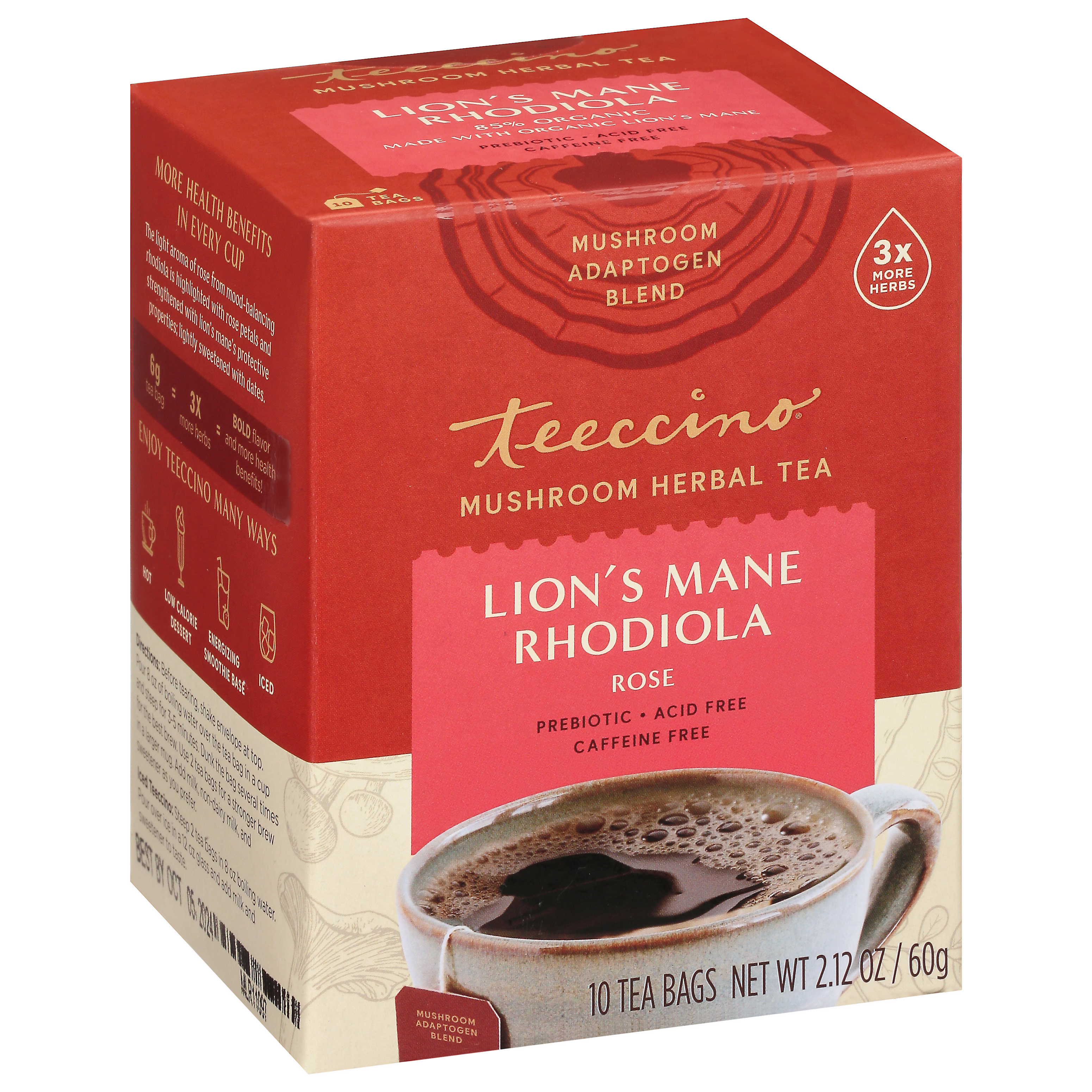 Teeccino Rose Lion's Mane Rhodiola Mushroom Lion's Mane Rhodiola Herbal Tea