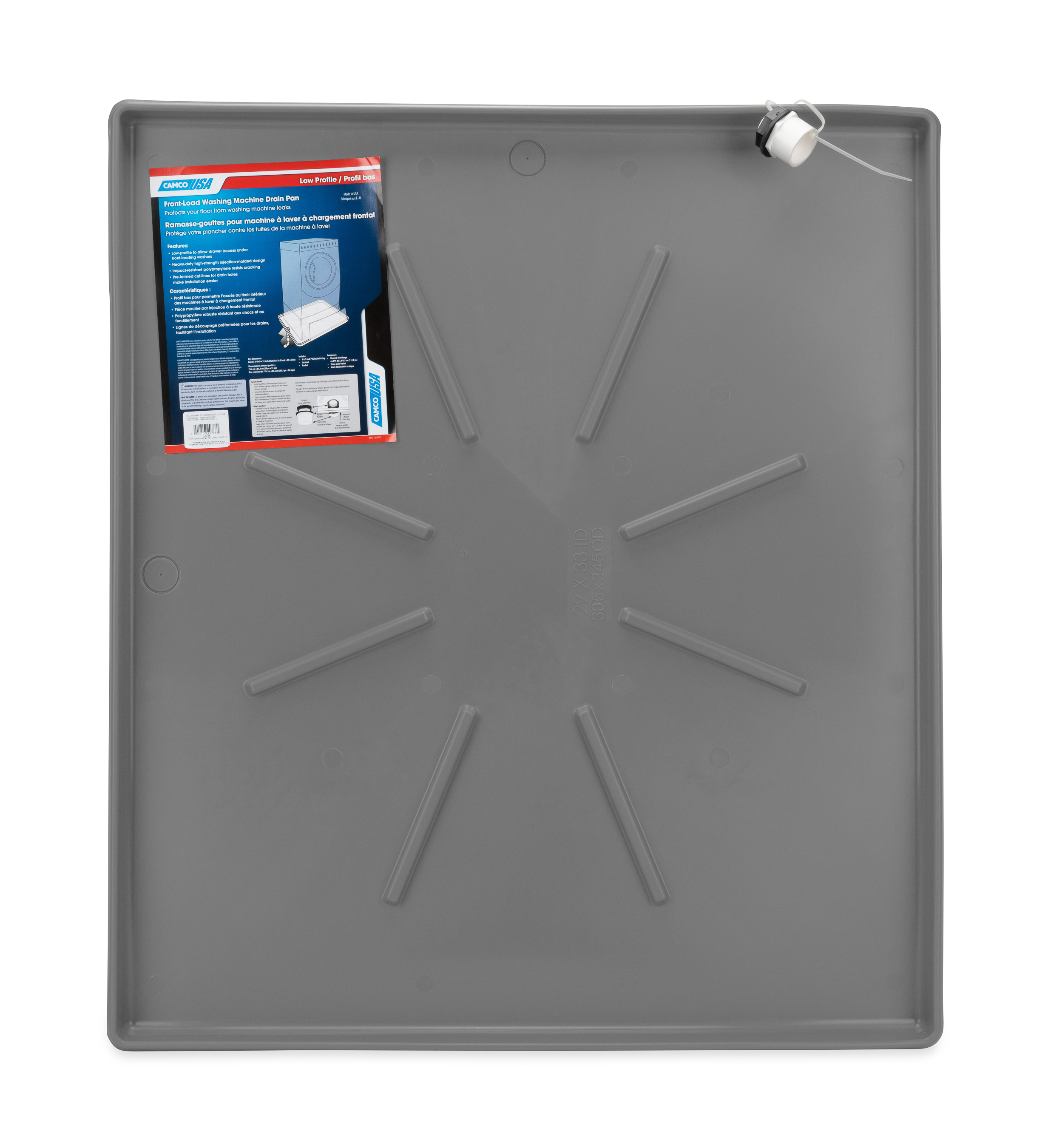 WM Drain Pan-30.5x34.5 OD LowProfile w/PVCFittingPewter(E/F)