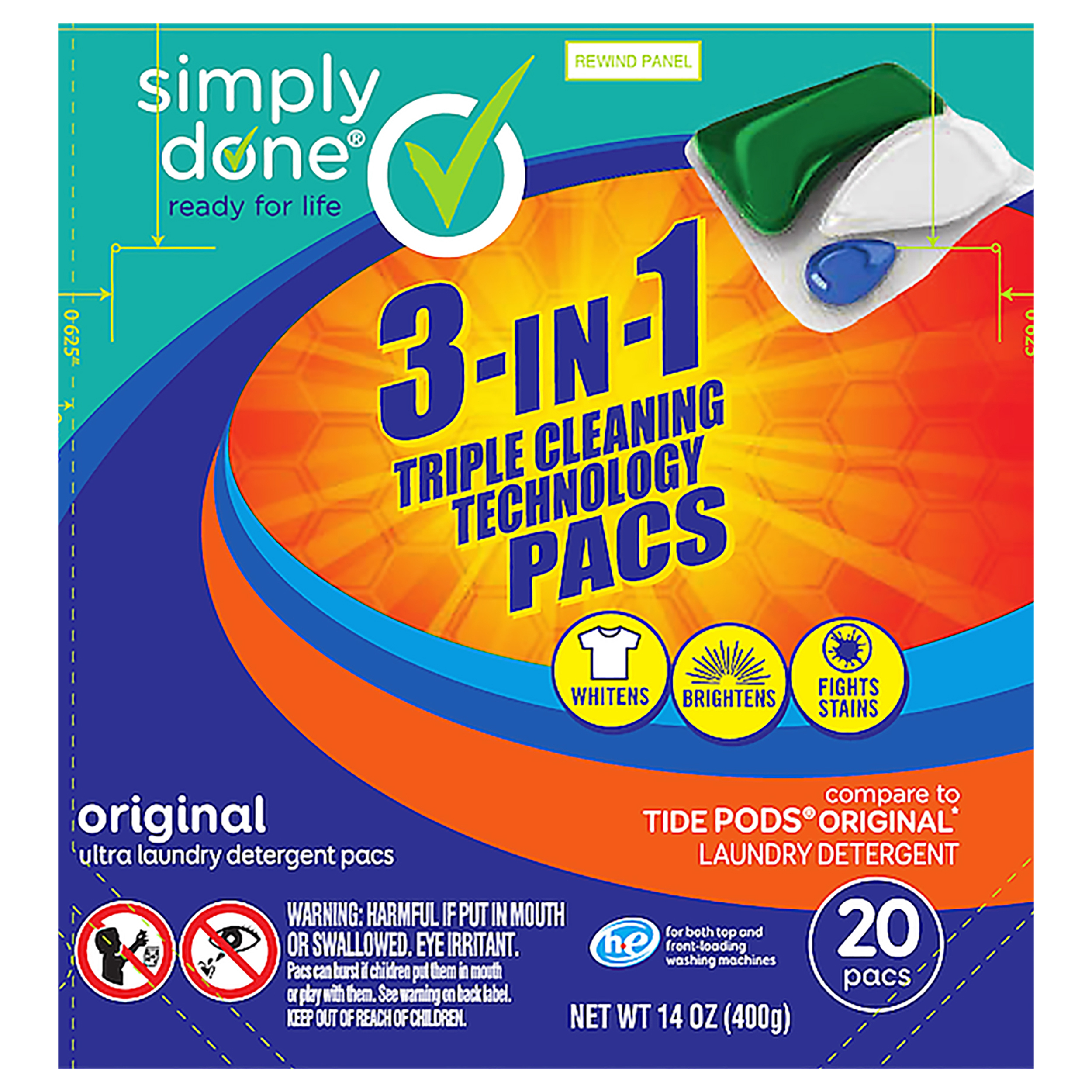 Simply Done 3in1 Ultra Original Laundry Detergent Pacs 20 ea BAG