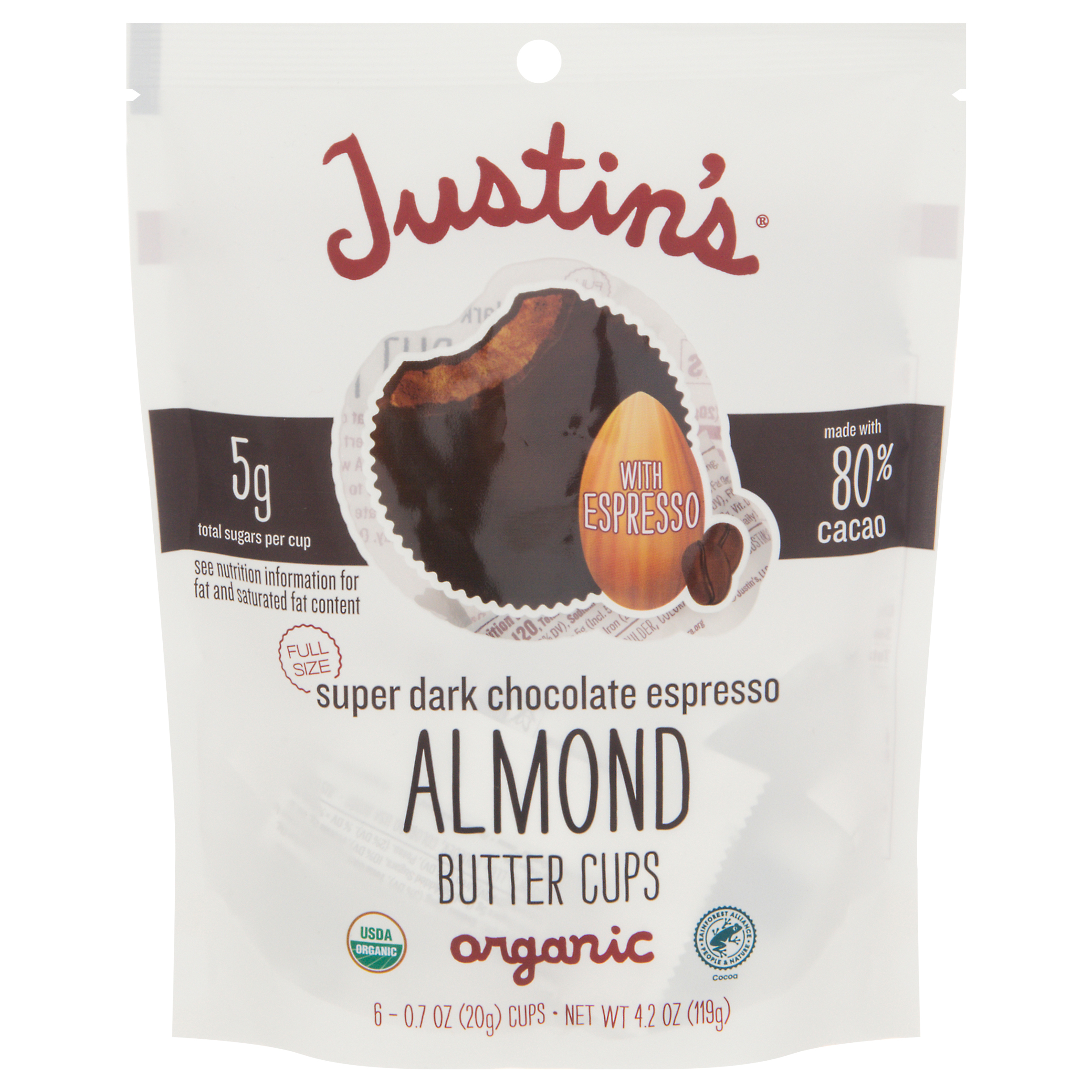Justin's Organic Super Dark Chocolate Espresso Almond Butter Cups 6 - 0.7 oz Cups