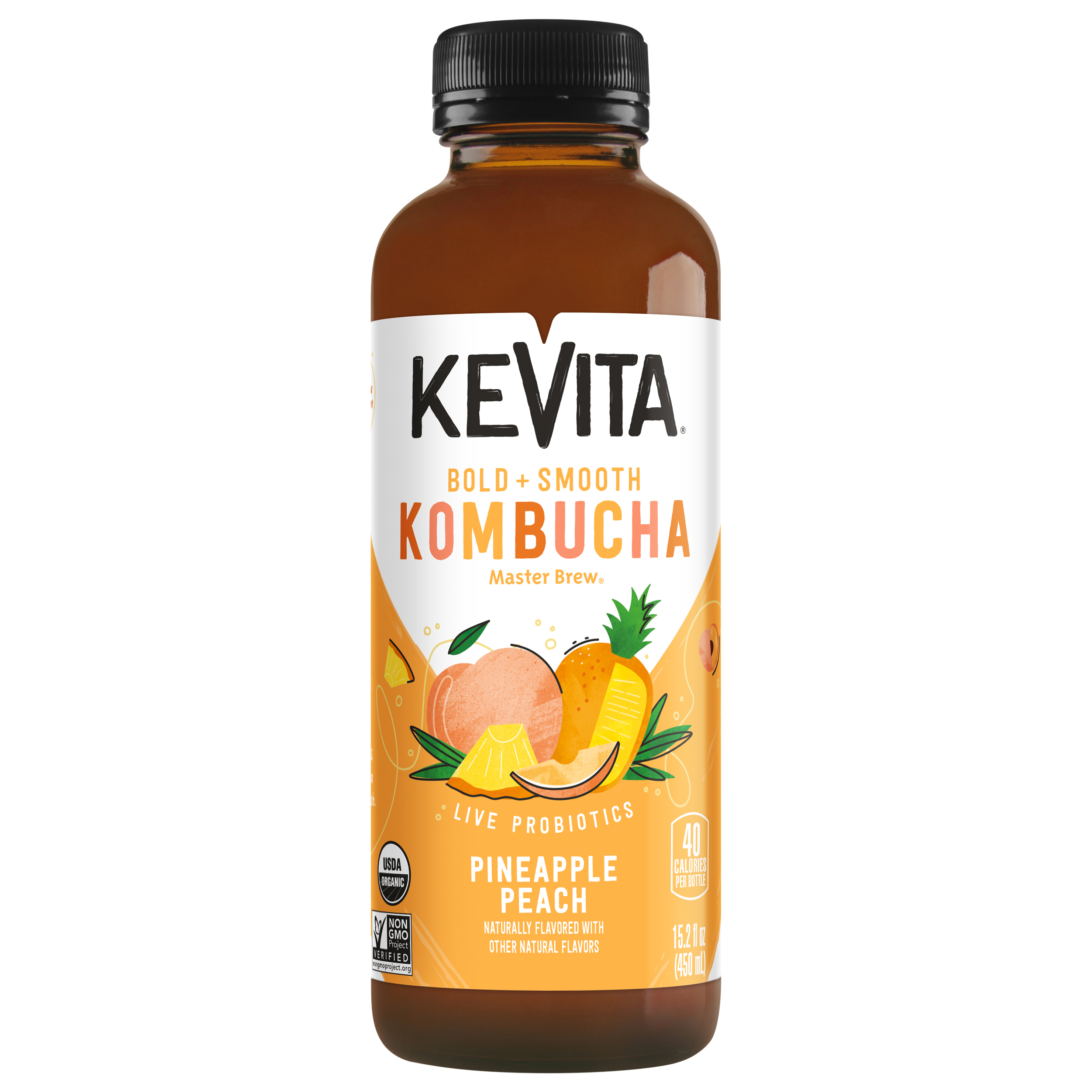 KeVita Master Brew USDA Organic Pineapple Peach Kombucha Bottled Tea Drink,