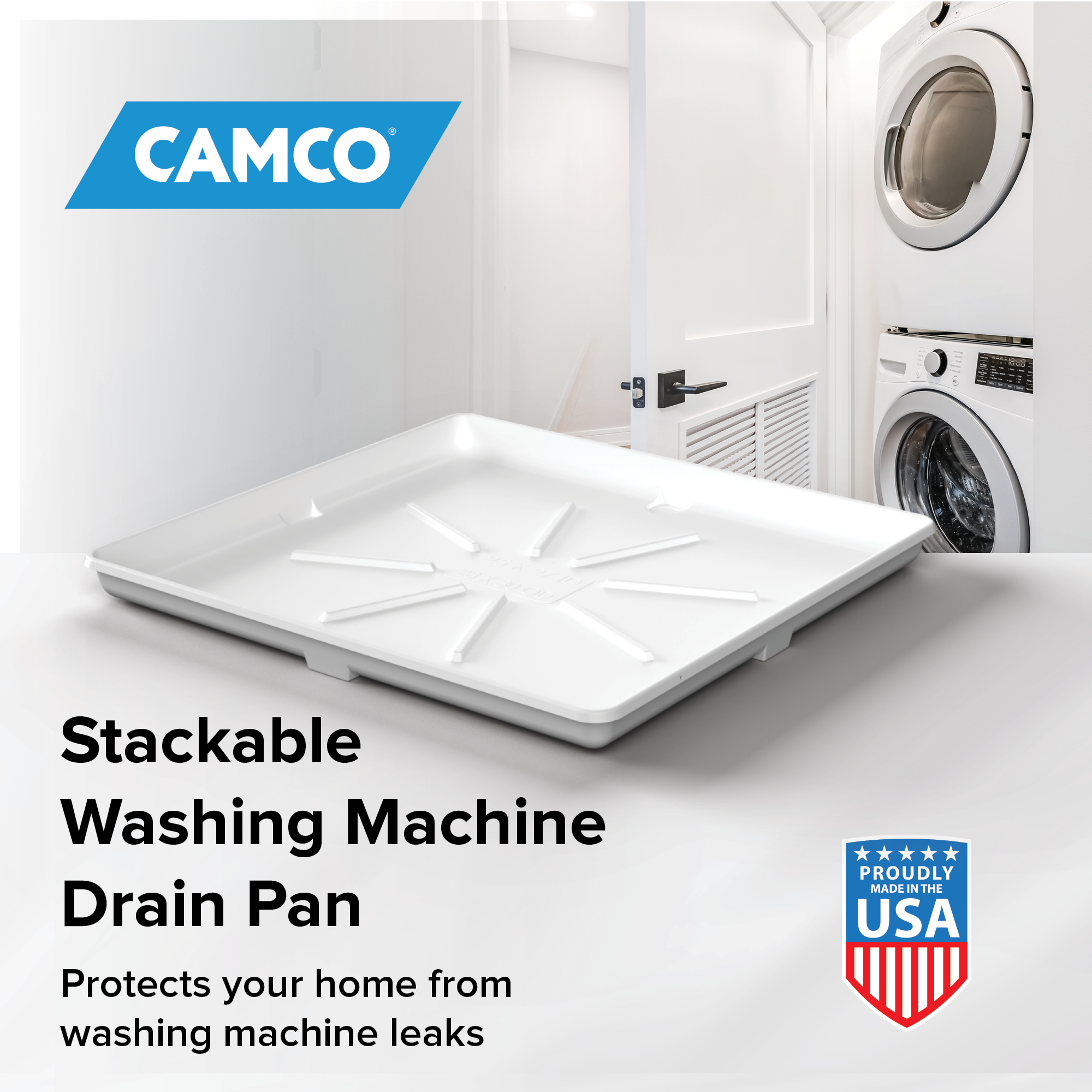 Camco Stackable Washing Machine Drain Pan, 28″ x 30″, Leak Detection with PVC Fitting, White Finish