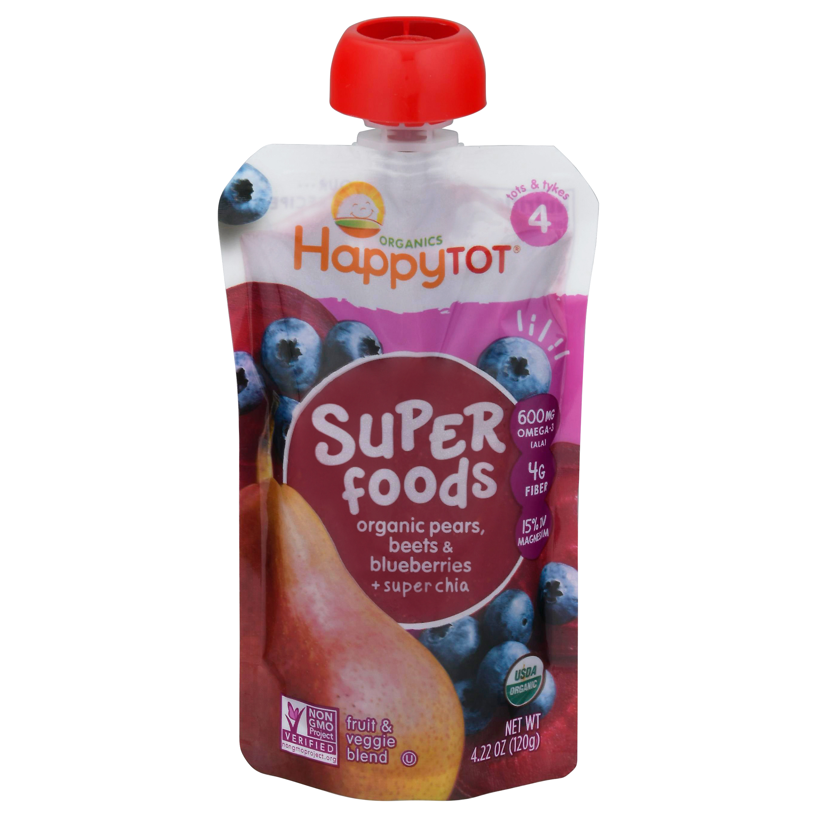 HappyTot Organics Super Foods Organic Pears, Beets & Blueberries with Super Chia Fruit & Veggie Blend Toddler