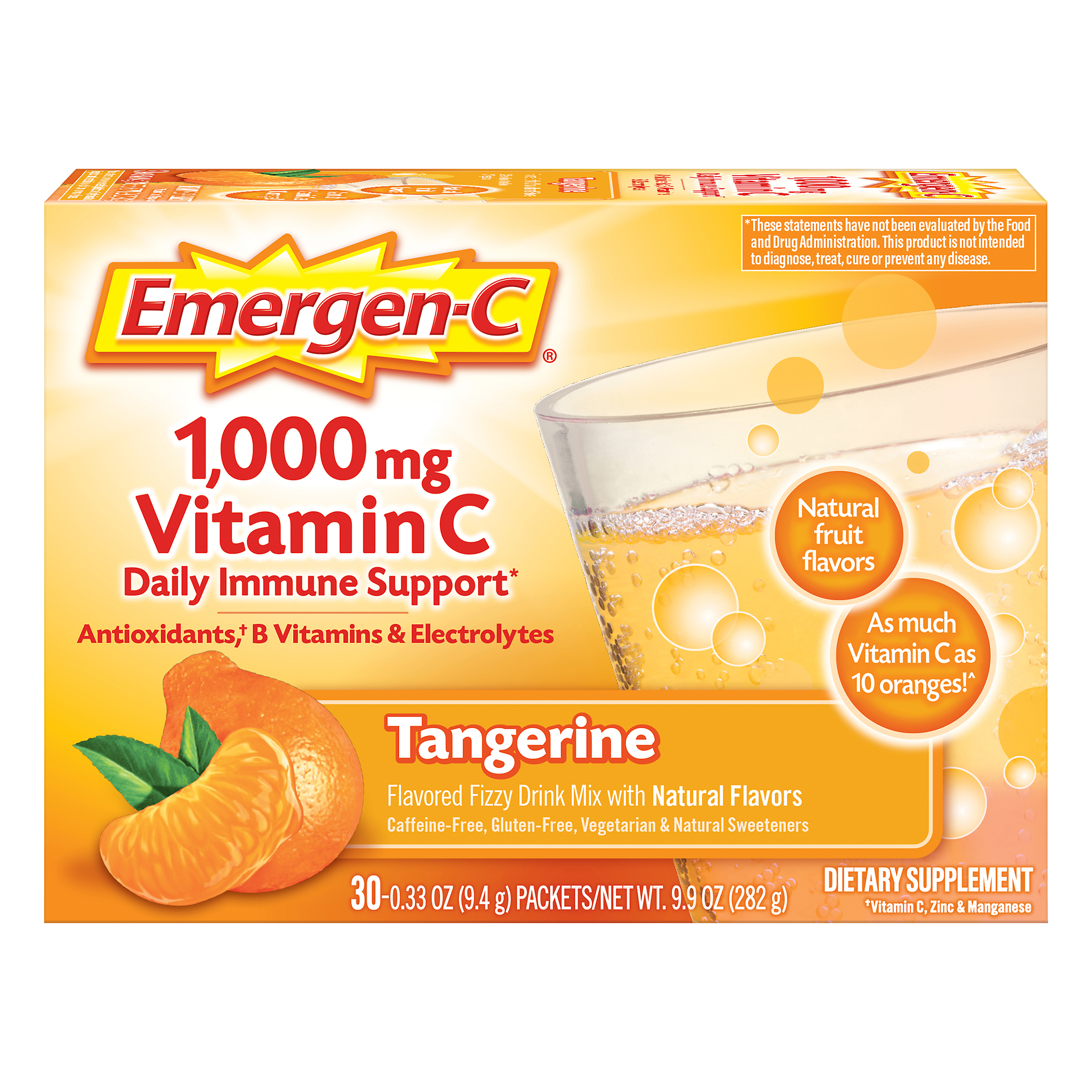 Emergen-C Vitamin C 1000mg Powder (30 Count, Tangerine Flavor, 1 Month Supply), With Antioxidants, B Vitamins and Electrolytes, Dietary Supplement Fizzy Drink Mix, Caffeine Free