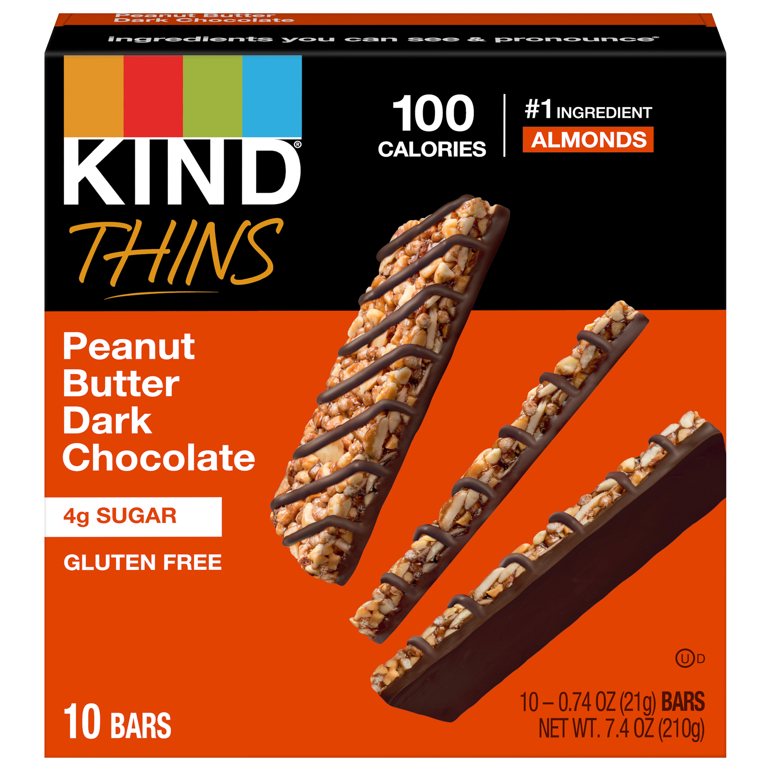 KIND THINS Peanut Butter Dark Chocolate Bars, Gluten Free Bars, 4g Sugar, 0.74 OZ Bars (10 Count)