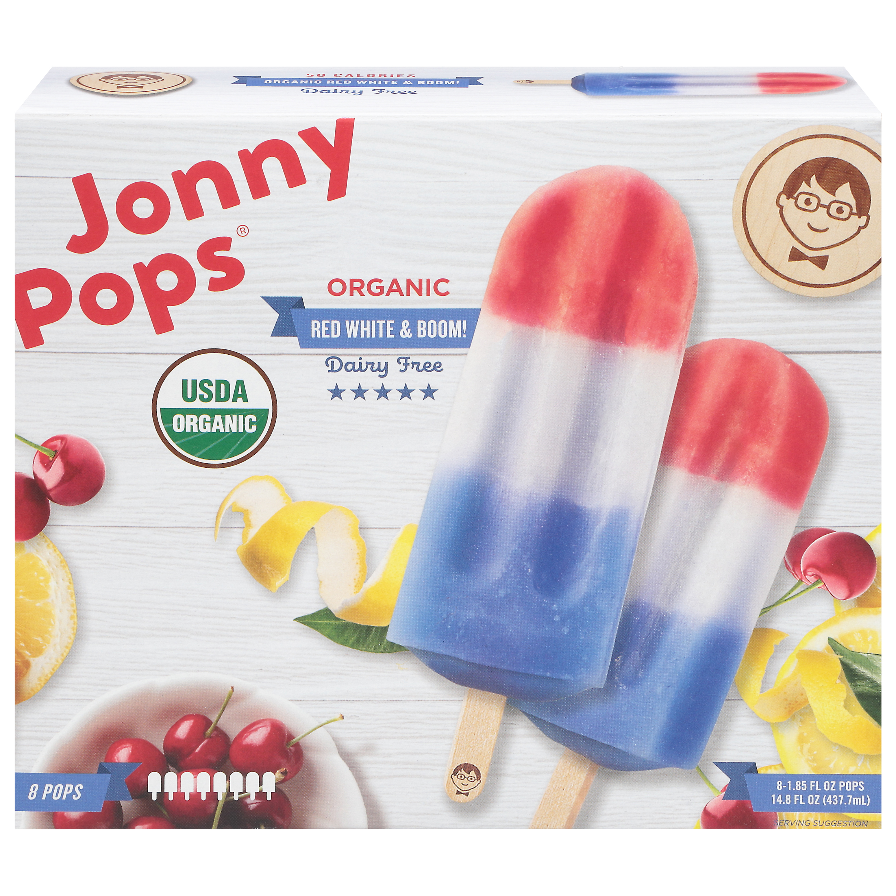 JonnyPops Dairy Free Organic Red White & Boom! Pops 8 - 1.85 fl oz Pops