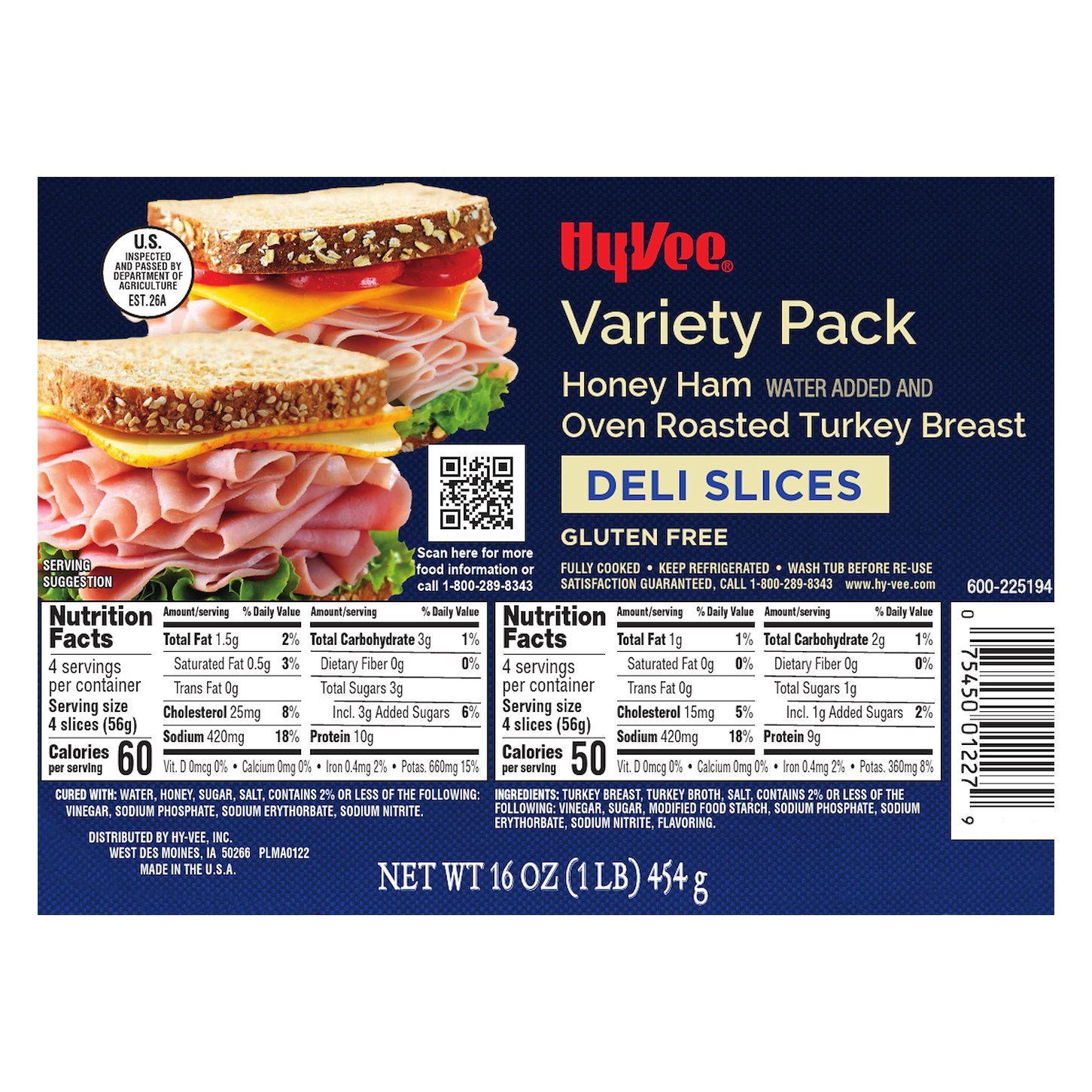 HyVee Variety Pack Deli Slices Honey Ham/Turkey Breast 16 oz