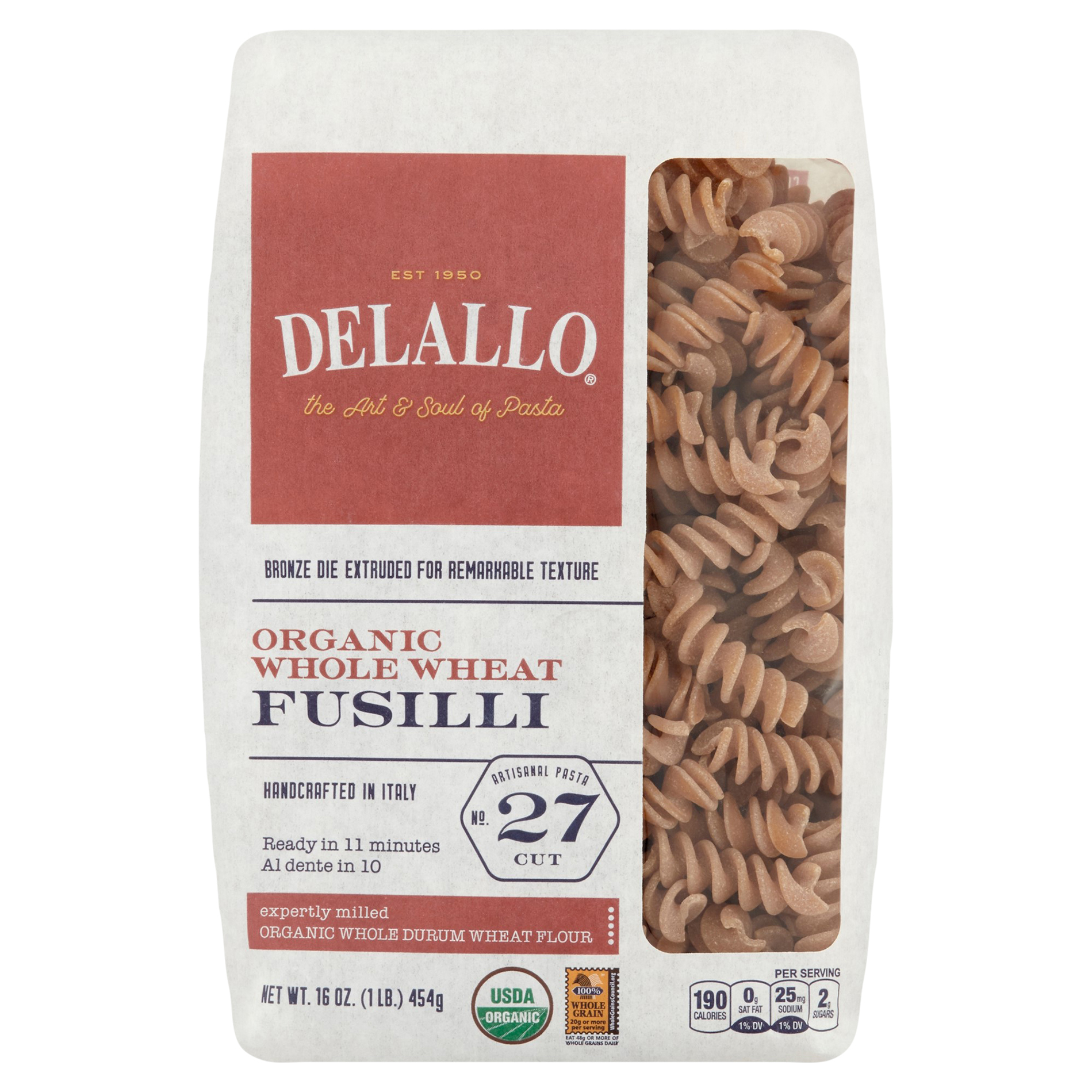Delallo No. 27 Cut Whole Wheat Organic Fusilli