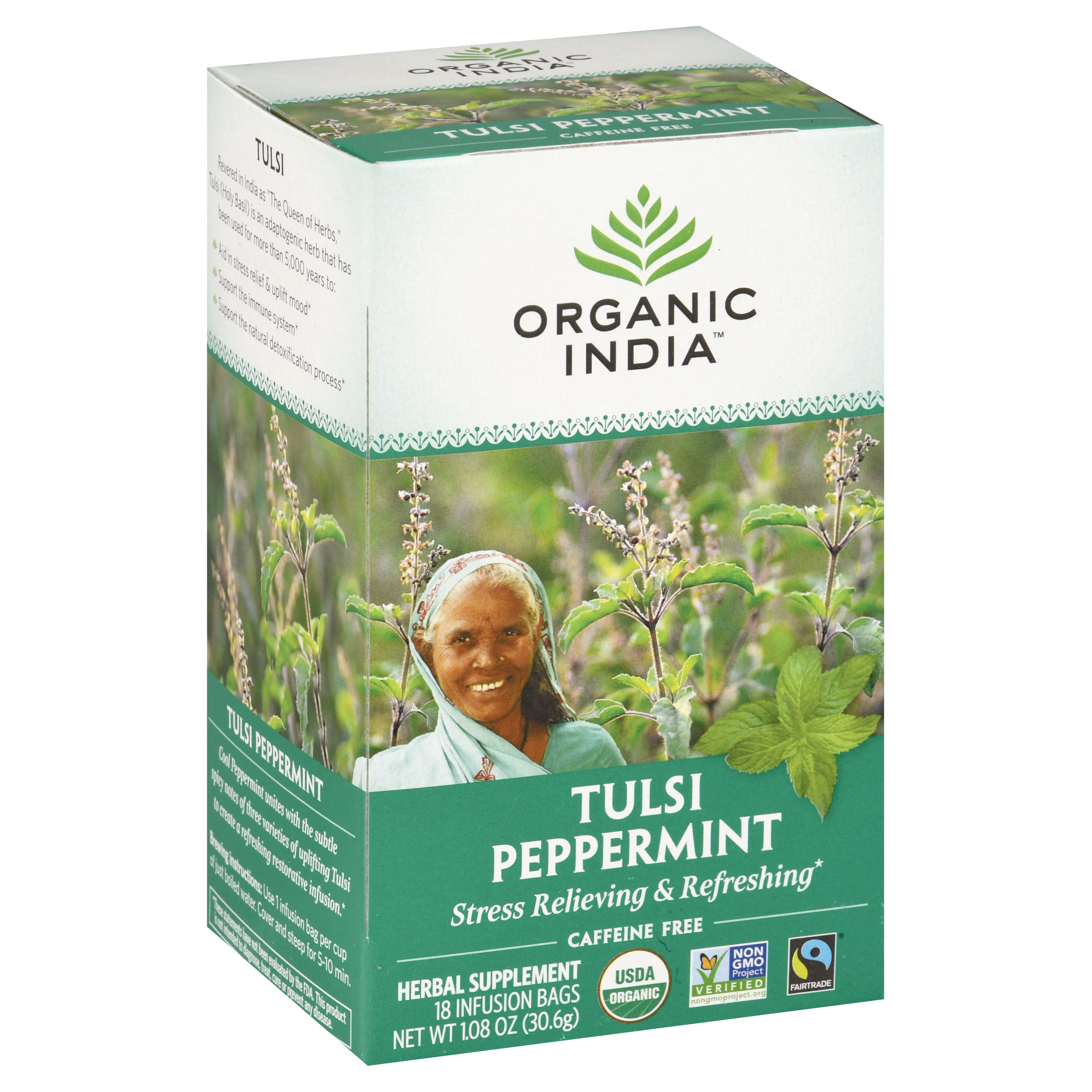 Organic India Caffeine Free Infusion Bags Tulsi Peppermint Herbal Supplement