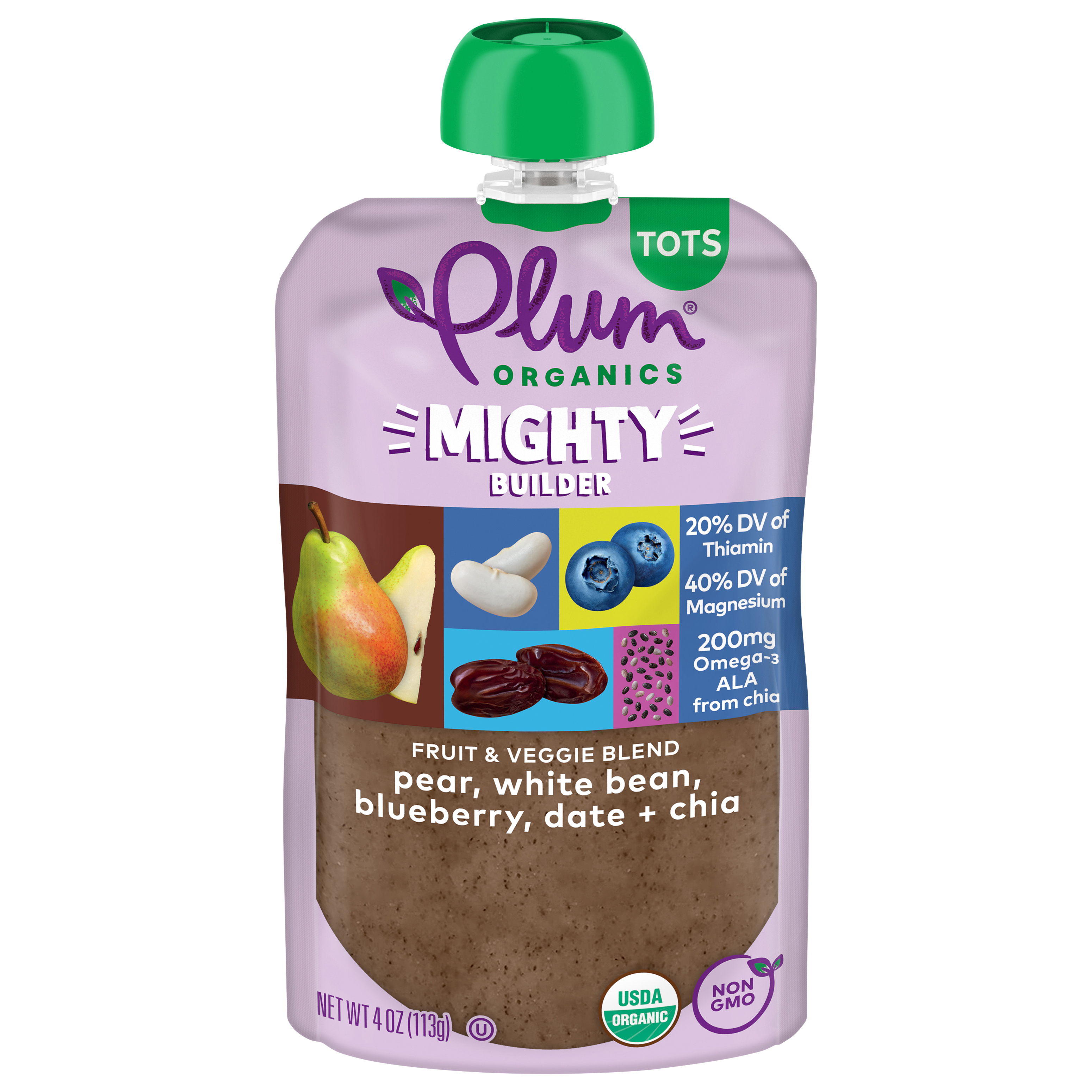 Plum Organics® Mighty Builder Fruit & Veggie Blend Pear, White Bean, Blueberry, Date + Chia 4oz Pouch