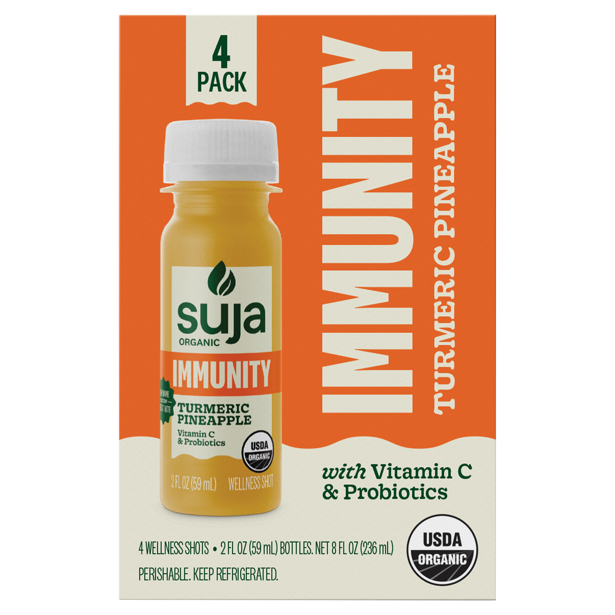 Suja Organic Immunity Turmeric Pineapple Wellness Shots, 2 fl oz Bottle, 4-Pack