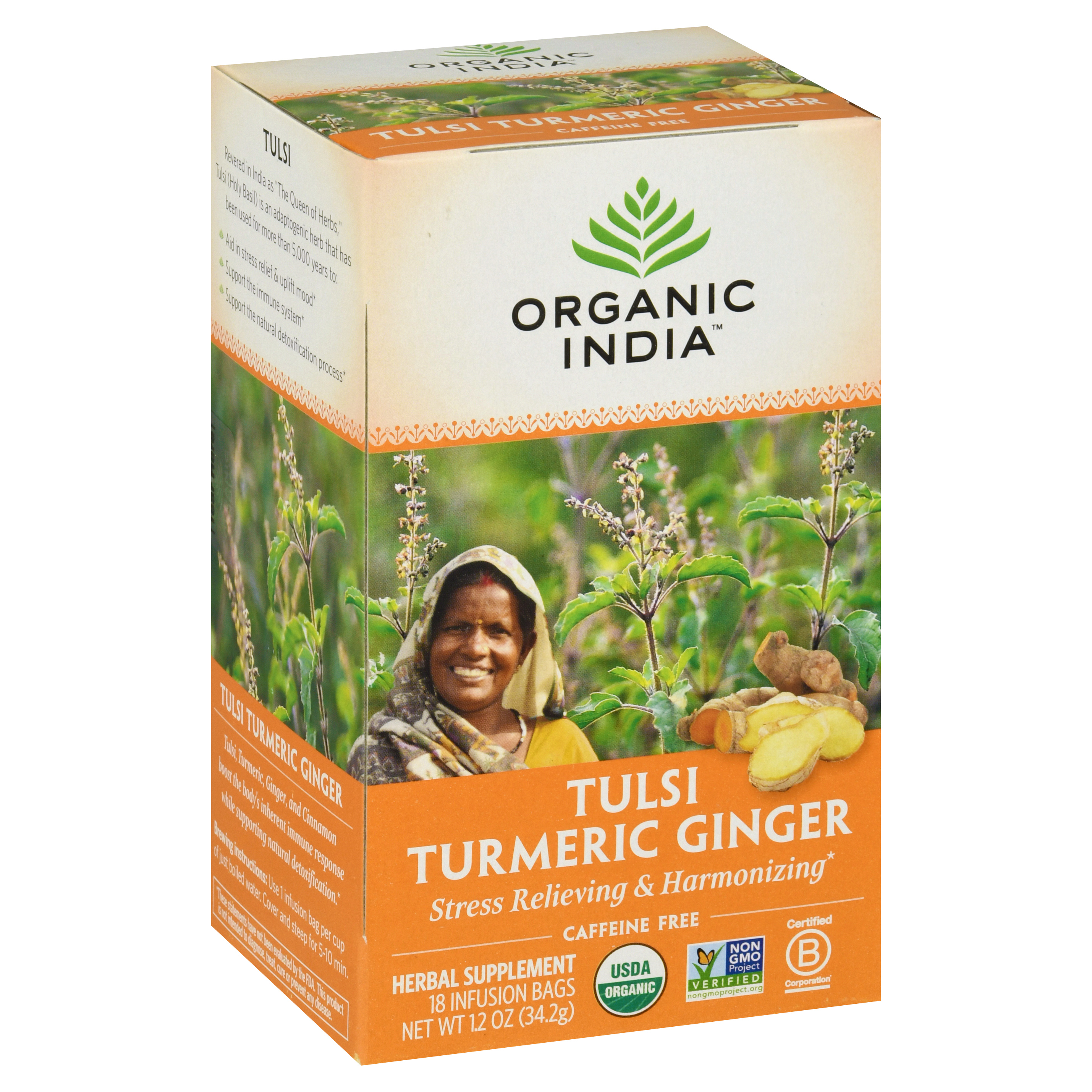 Organic India Caffeine Free Infusion Bags Tulsi Turmeric Ginger Herbal Supplement