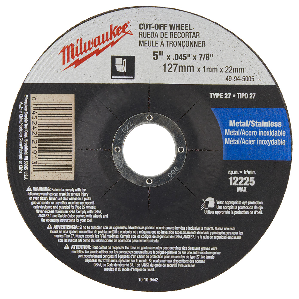 Milwaukee's comprehensive offering of grinding and cutting wheels consists of 45 unique products ranging in diameters from 4-1/2 in. to 14 in., with arbor configurations of 7/8 in., 20 mm, 1 in. and 5/8 in. to 11. Milwaukee's abrasive offering is manufactured using 3 types of abrasive grains, alumin