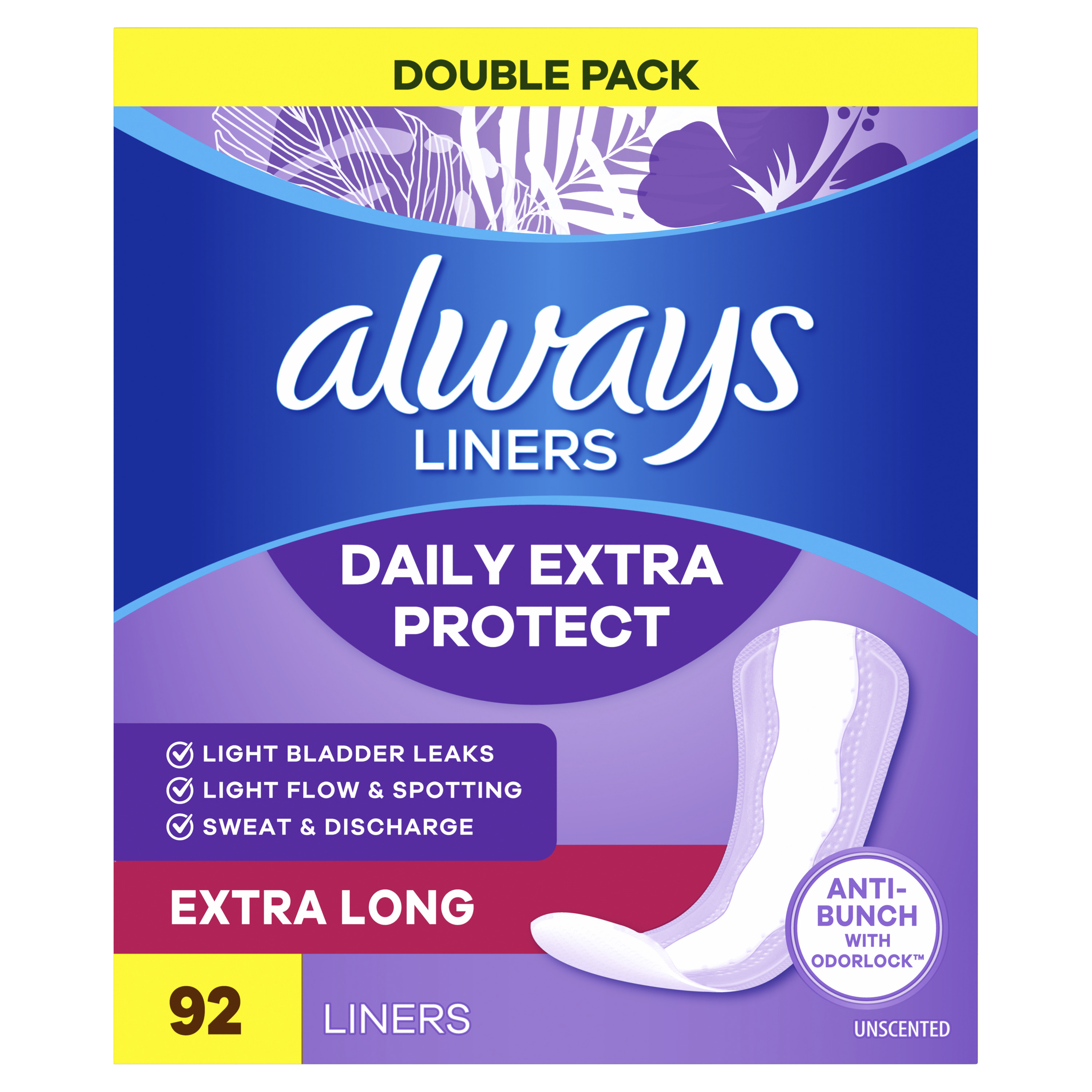 Always Daily Liners Always Daily Extra Protect Liners, Extra Long Length, Unscented Panty Liners, 92 CT, 92 Each