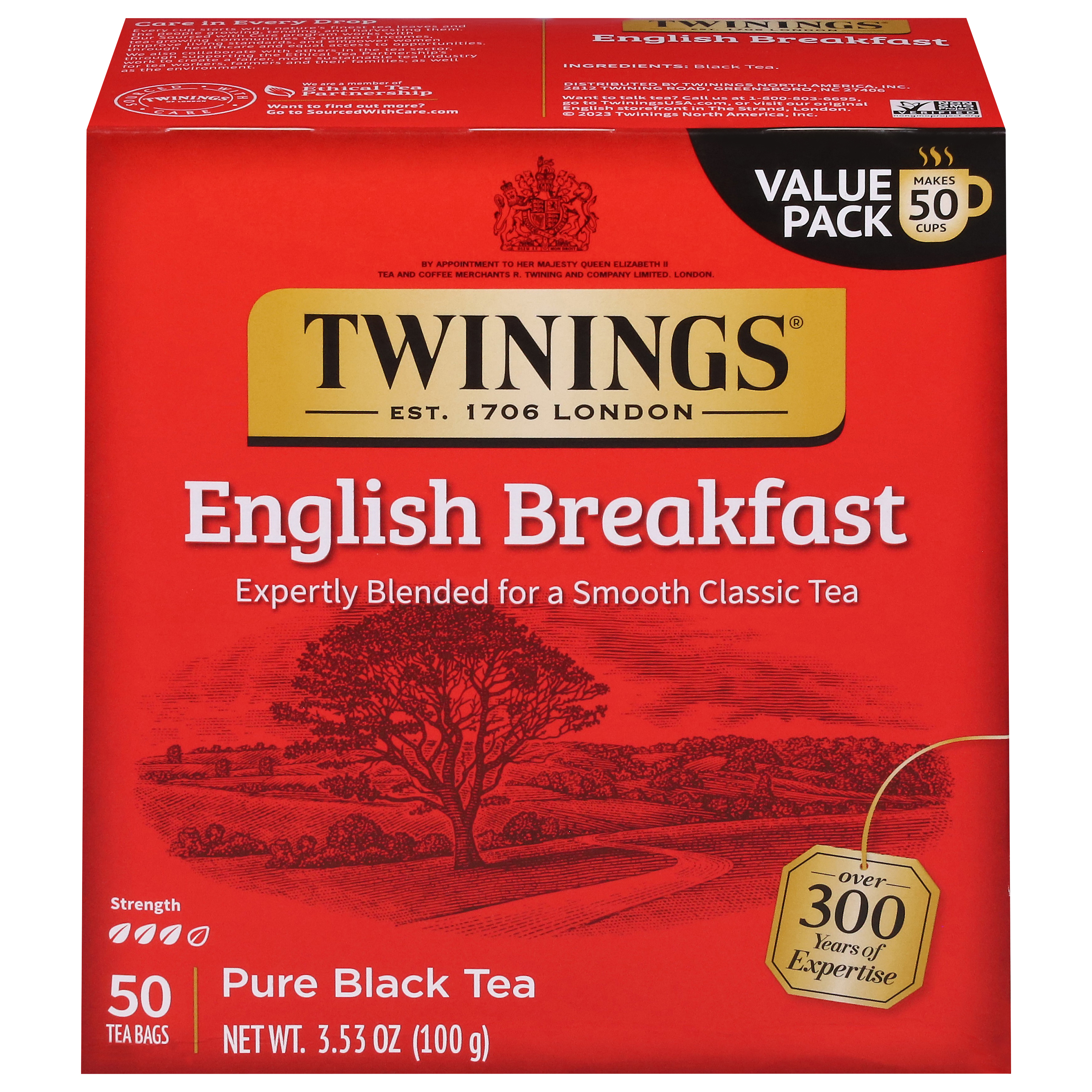 Twinings of London English Breakfast Tea Flavourful Caffeinated for Energy Pure Black Tea Bags, Hot or Iced,