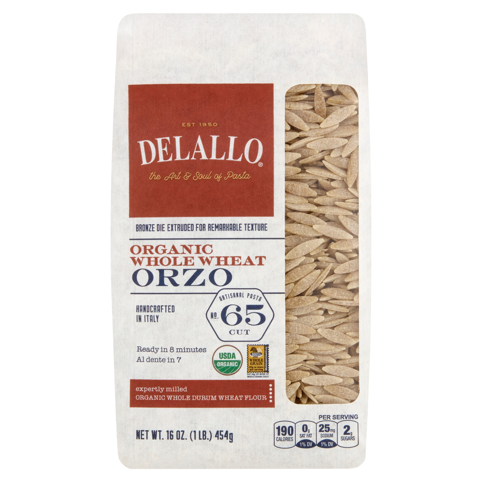 Delallo No. 65 Cut Whole Wheat Organic Orzo