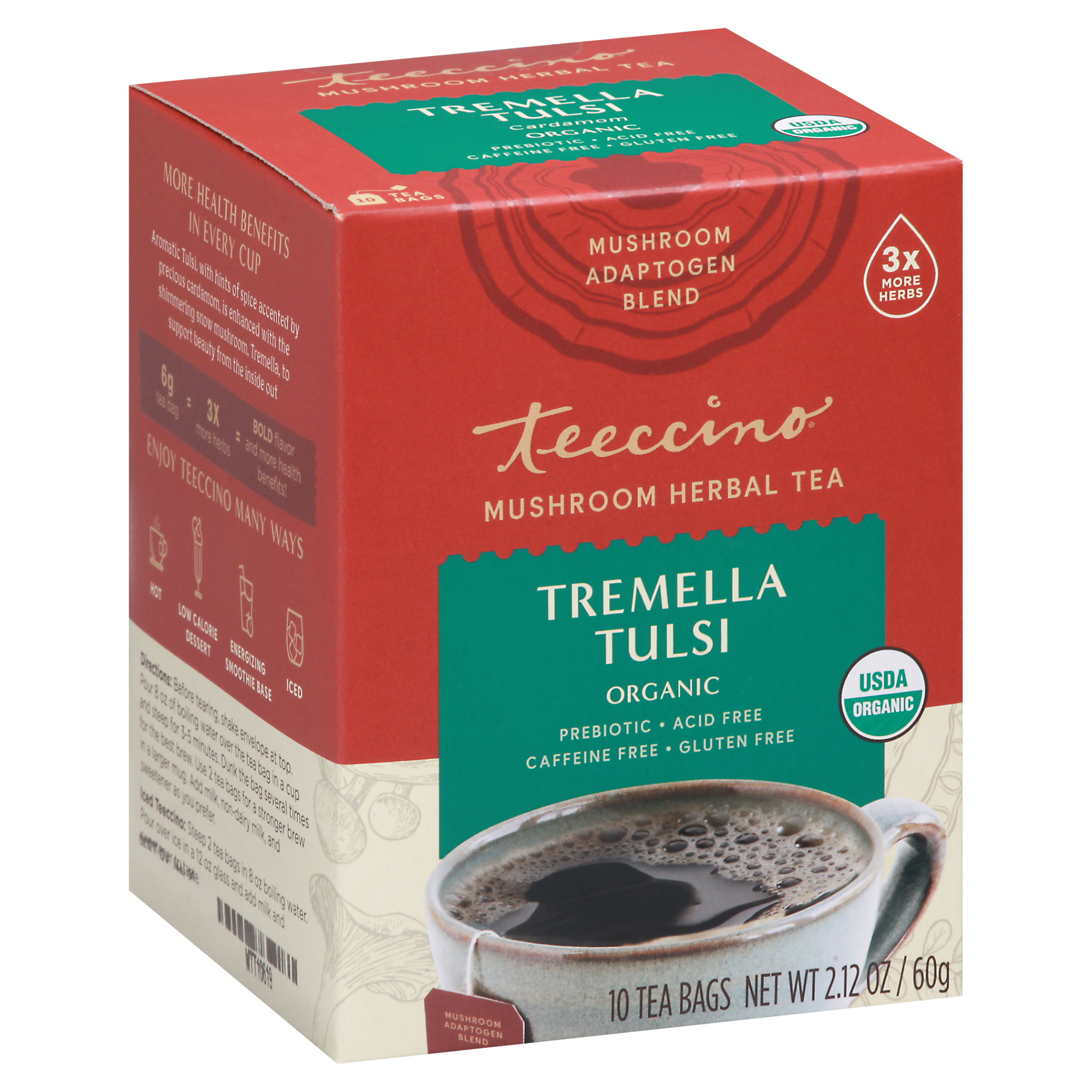 Teeccino Tea Bags Organic Mushroom Tremella Tulsi Herbal Tea