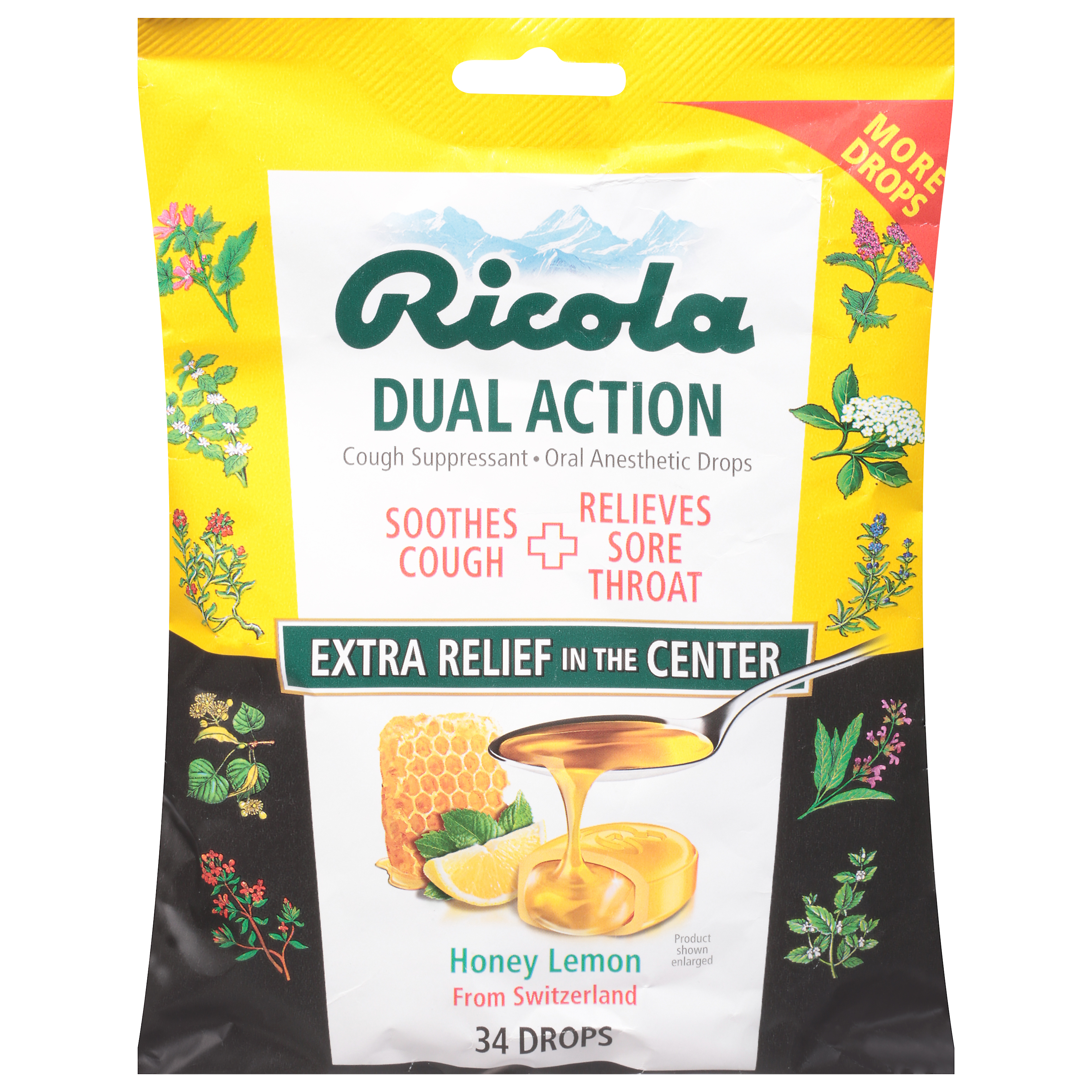 Ricola Dual Action Honey Lemon Cough Suppressant 34 Drops