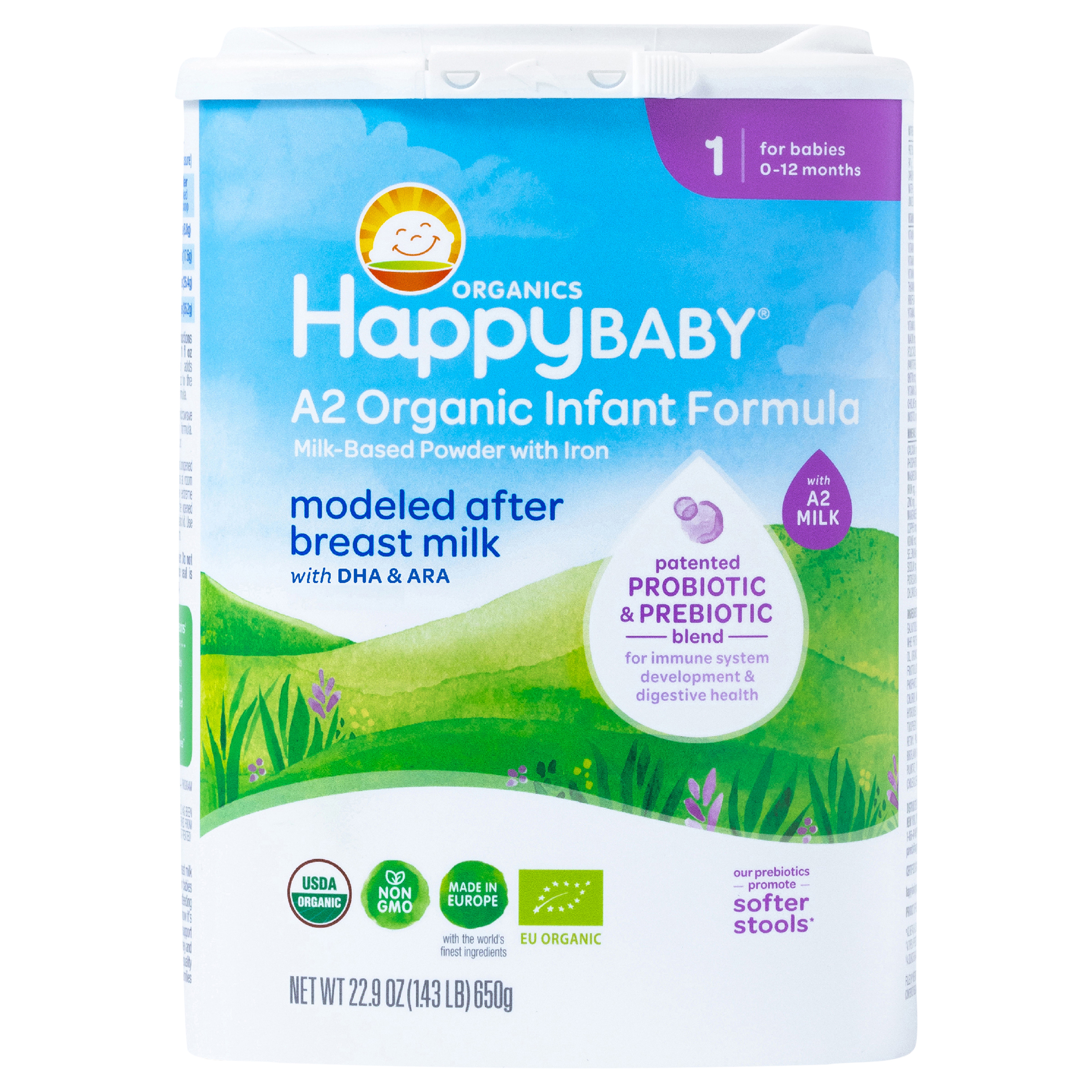 Happy Baby Organics Stage 1 A2 Organic Infant Formula with Probiotic & Prebiotic Blend, 22.9 OZ Container UNIT