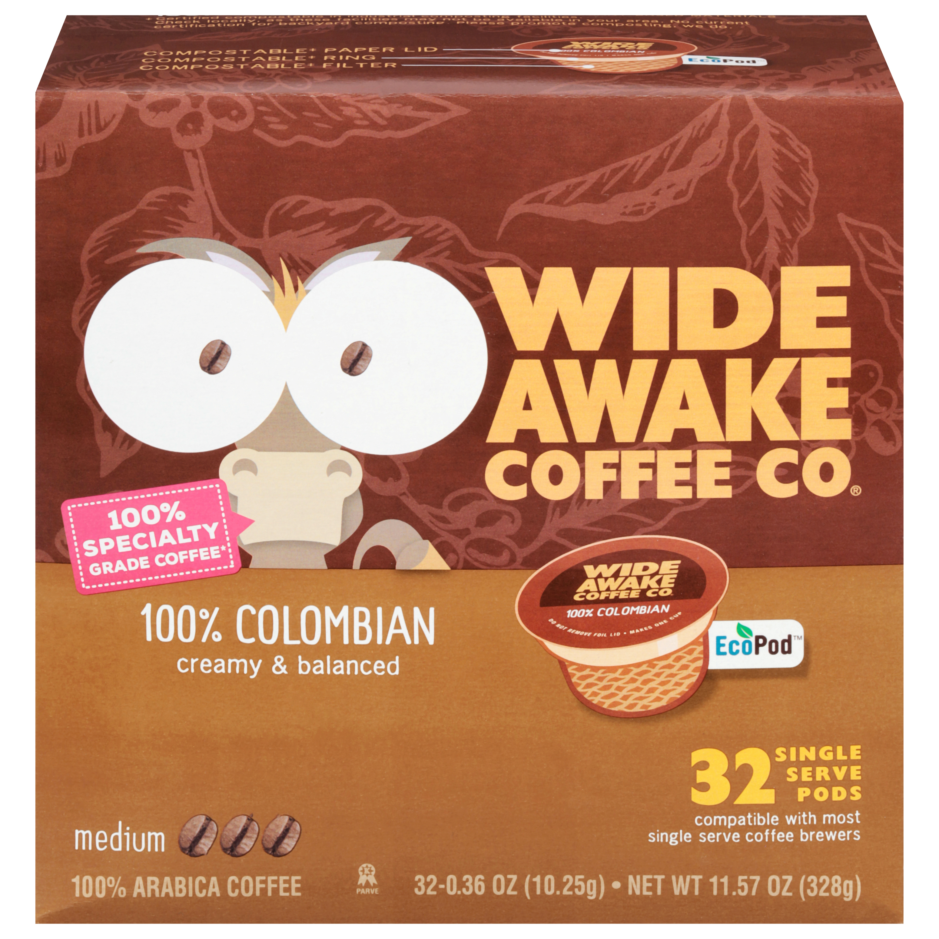 Wide Awake Coffee Co. Single Serve Pods Medium 100 Columbian Coffee 32