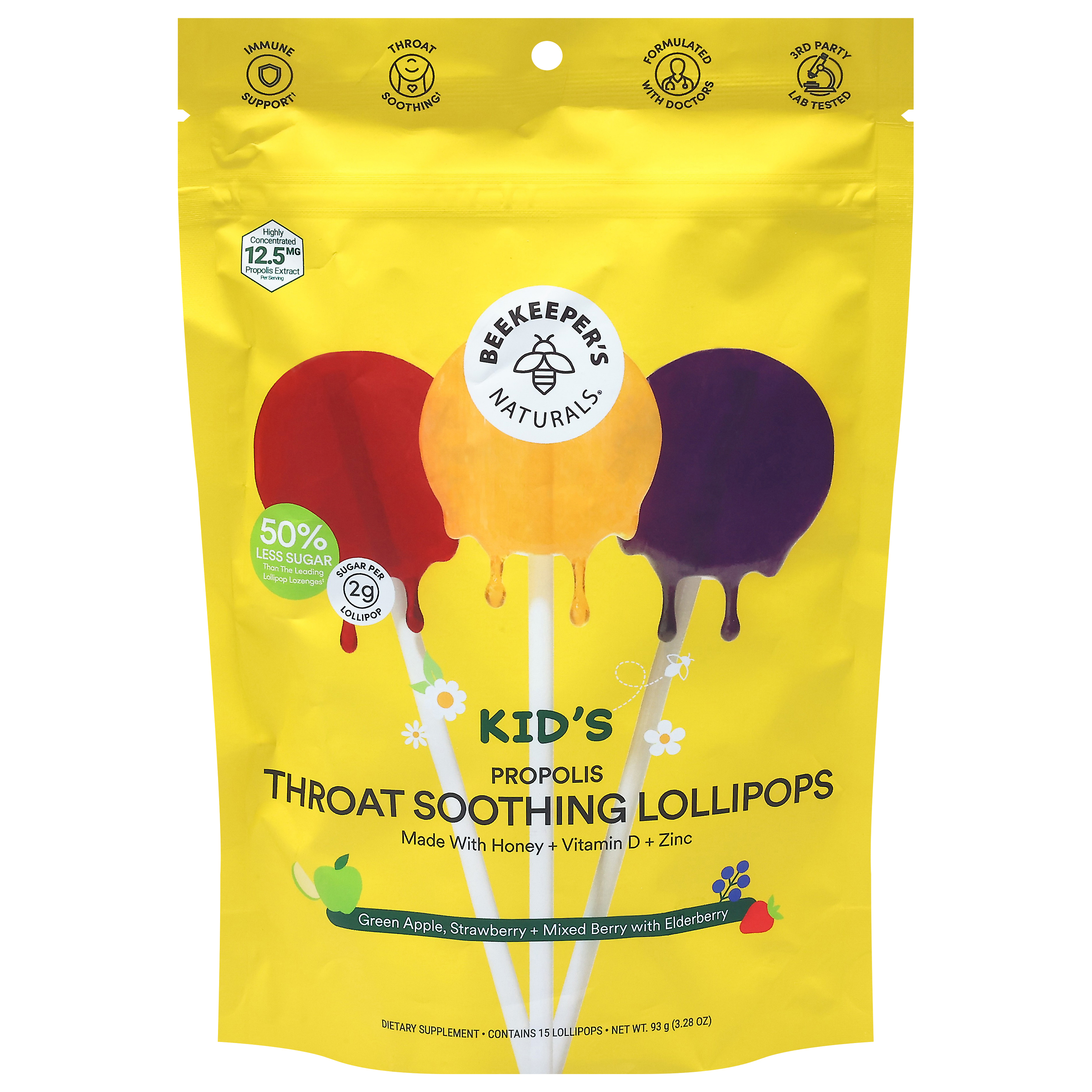Beekeeper's Naturals Kid's Green Apple, Strawberry + Mixed Berry with Elderberry Throat Soothing Lollipops