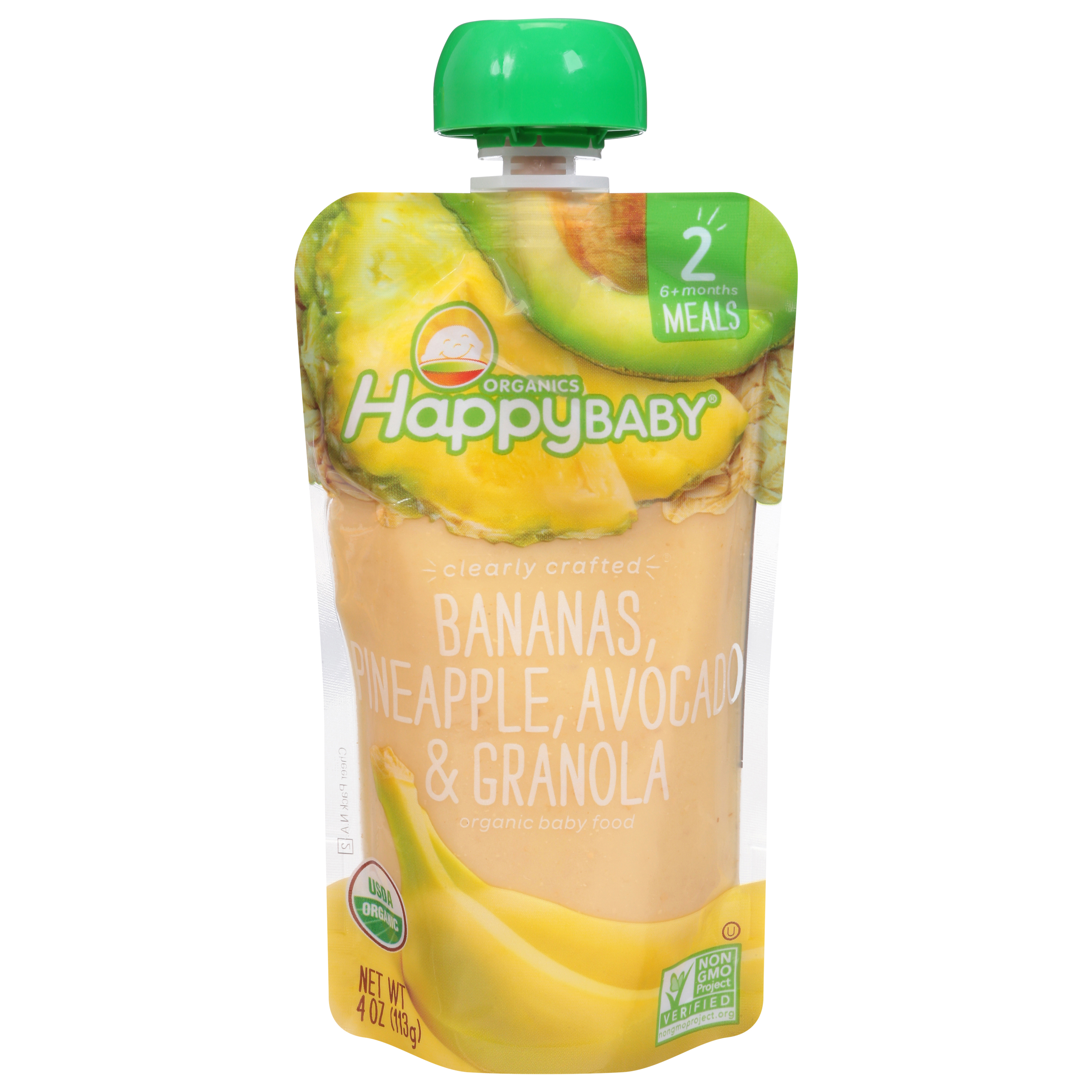 Happy Baby Organic 2 (6+ Months) Clearly Crafted Bananas, Pineapple, Avocado & Granola Baby Food Stage 2