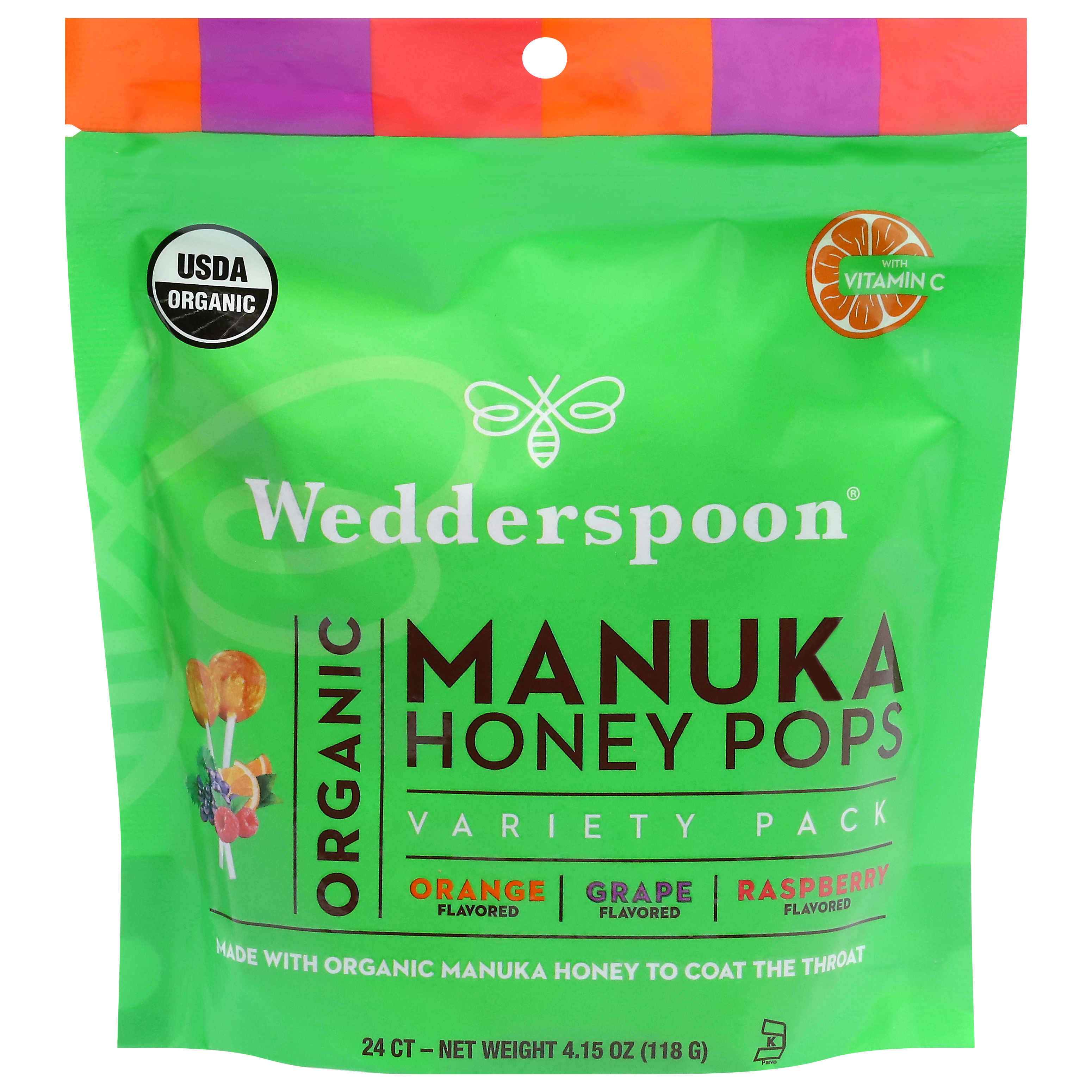 Wedderspoon Organic Manuka Orange Flavored/Grape Flavored/Raspberry Flavored Honey Pops Variety Pack