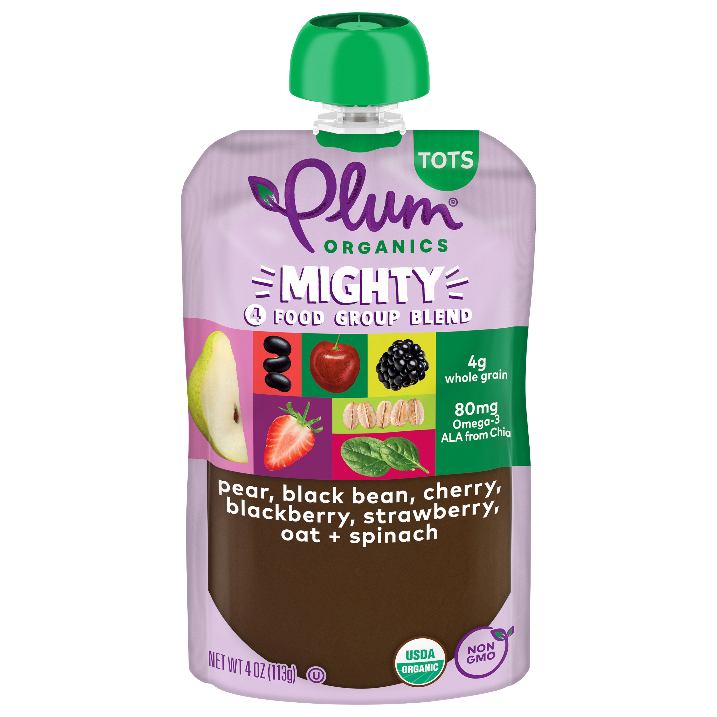 Plum Organics® Mighty 4 Food Group Blend Pear, Black Bean, Cherry, Blackberry, Strawberry, Oat + Spinach 4oz Pouch