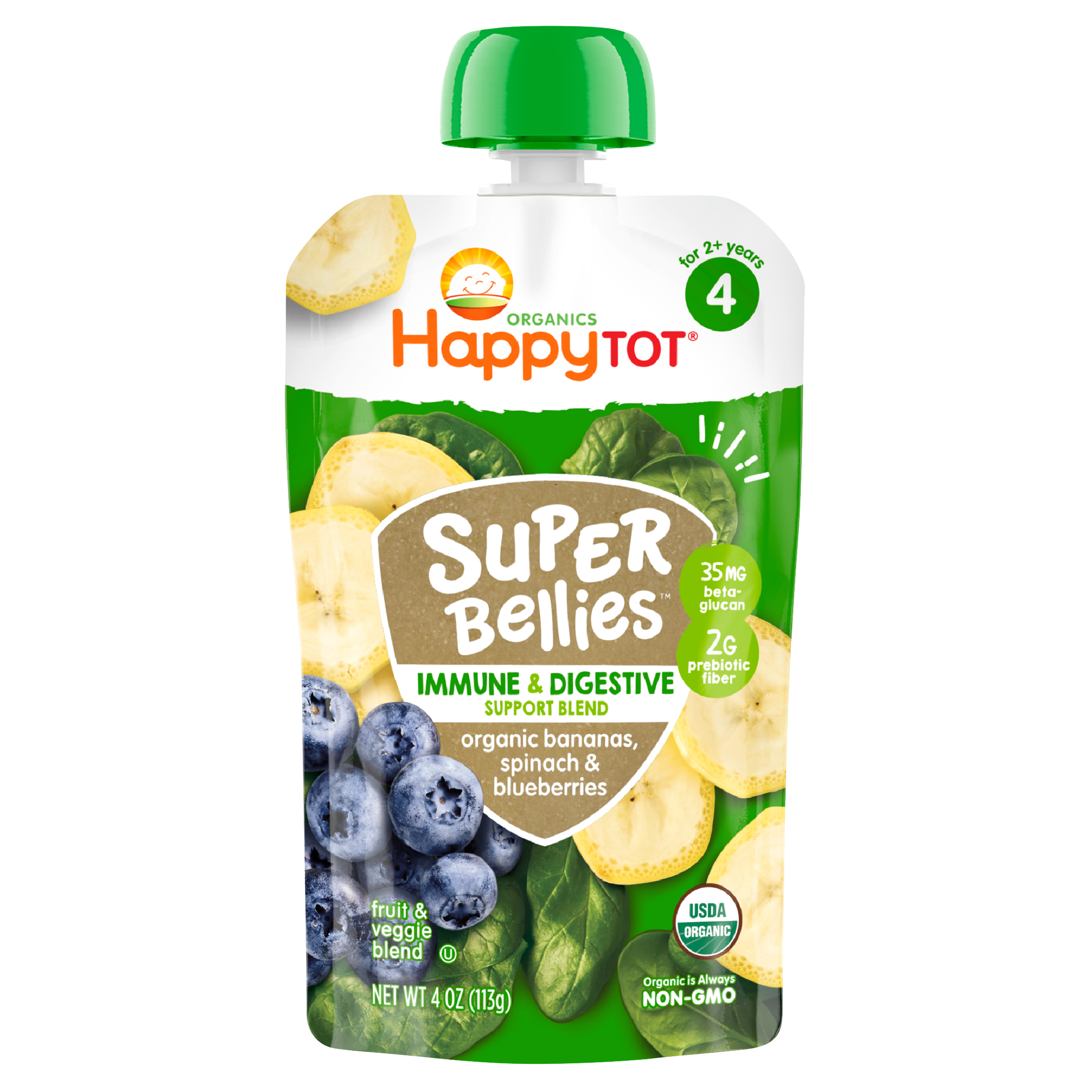 Happy Tot Organics Super Bellies Stage 4 Immune + Digestive Support Blend Organic Bananas, Spinach & Blueberries Pouch 4 oz UNIT
