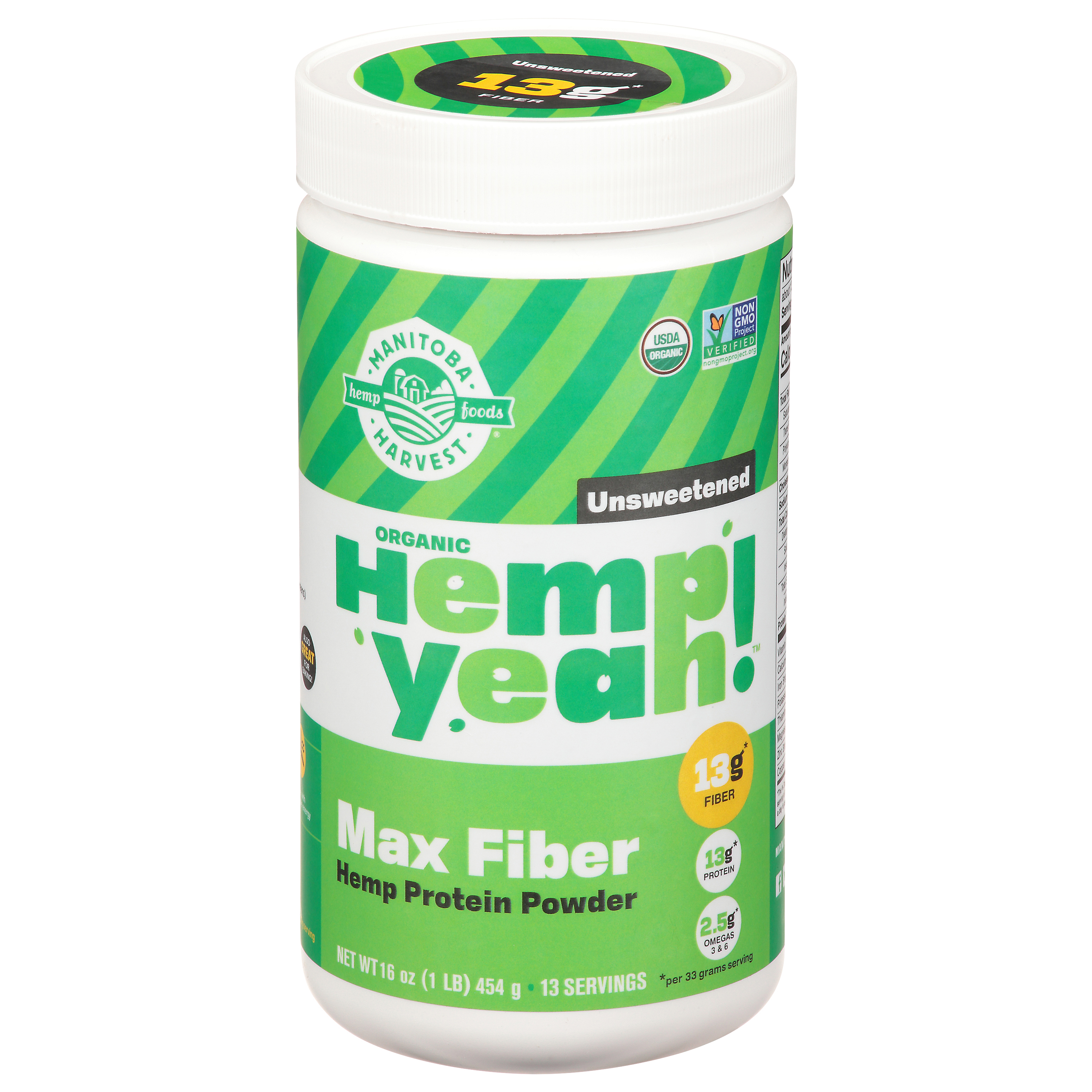Manitoba Harvest Hemp Yeah! Organic Unsweetened Max Fiber Hemp Protein Powder 16 oz Canister