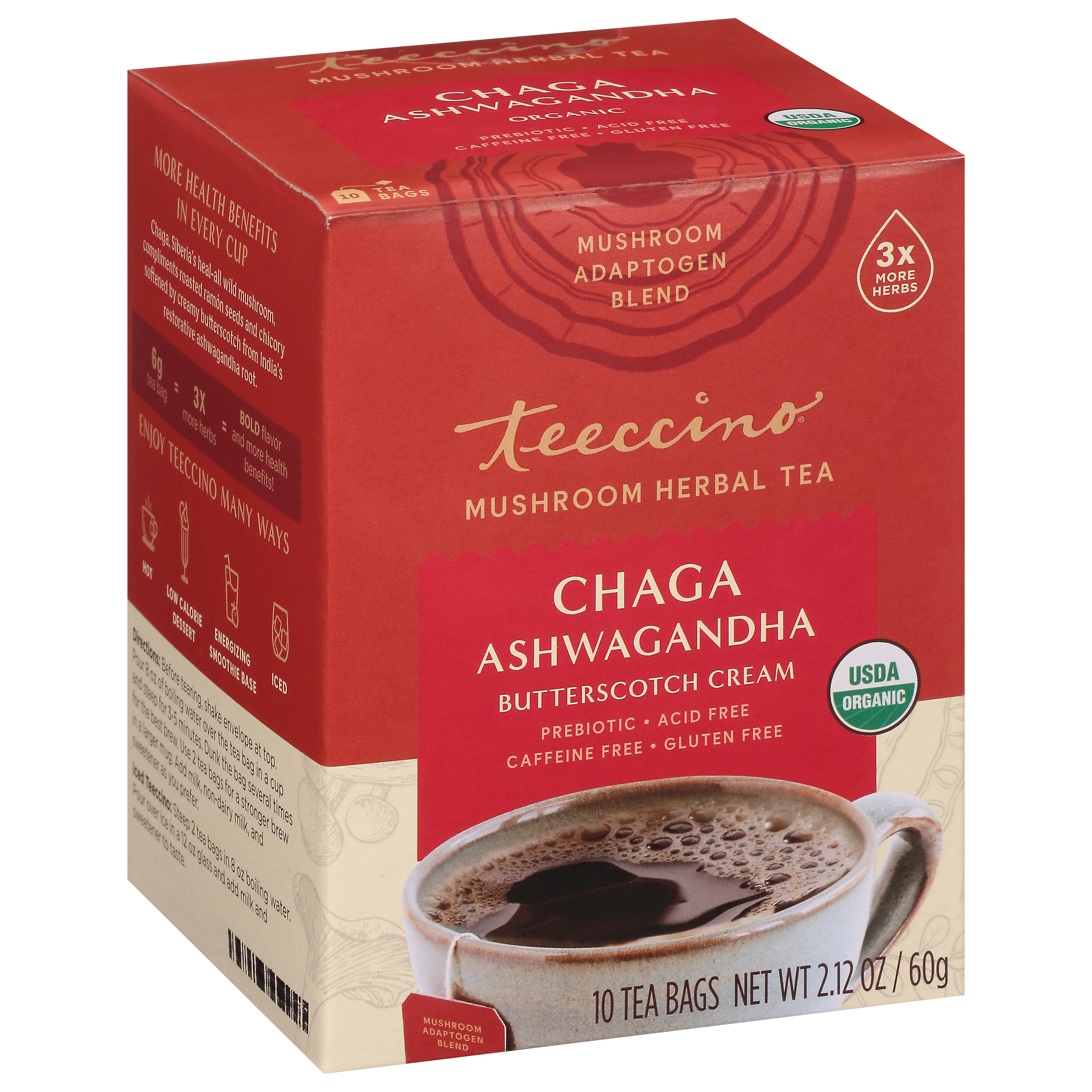 Teeccino Tea Bags Chaga Ashwagandha Herbal Tea