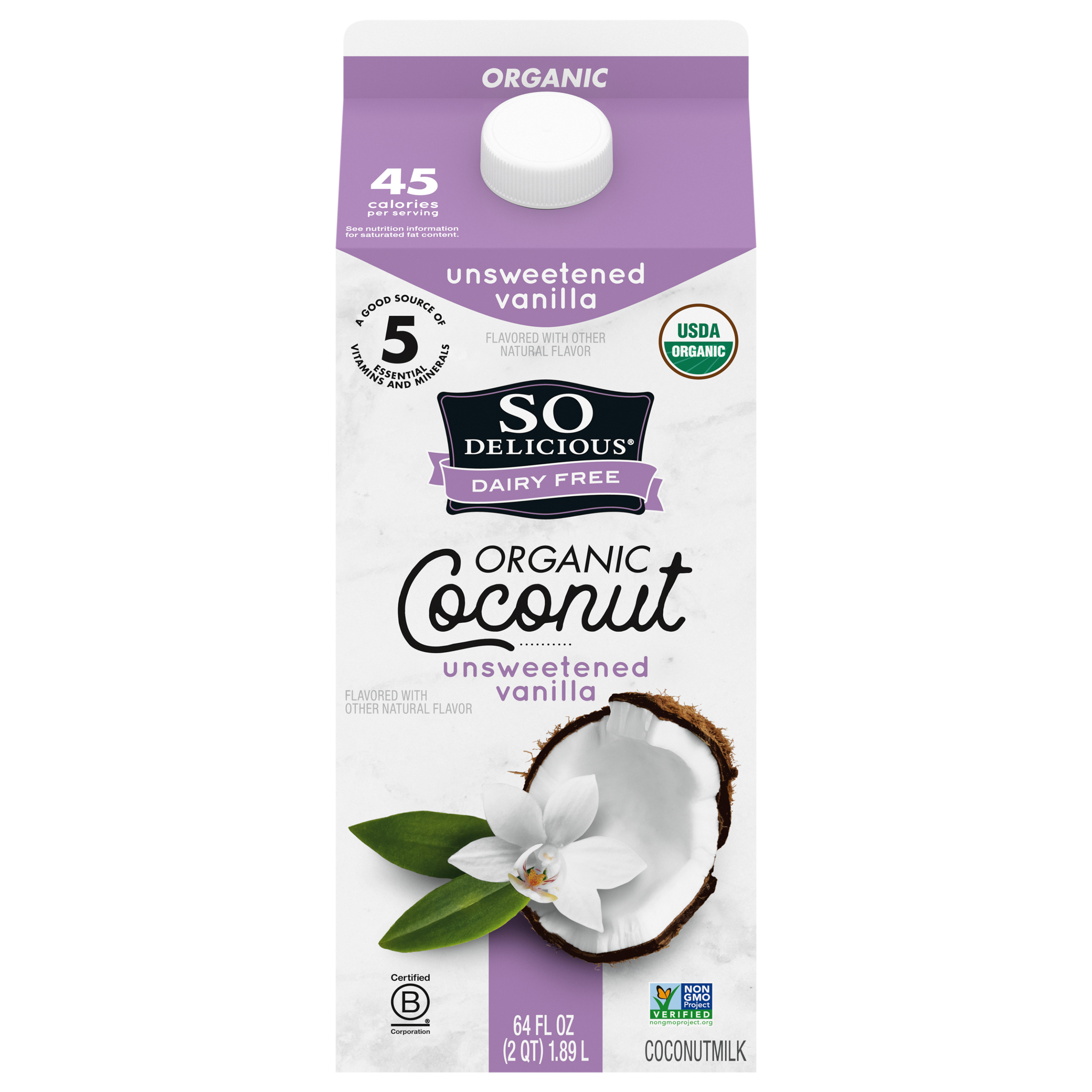 So Delicious Dairy Free UHT Unsweetened Vanilla Coconut Milk, Half Gallon, 64oz.