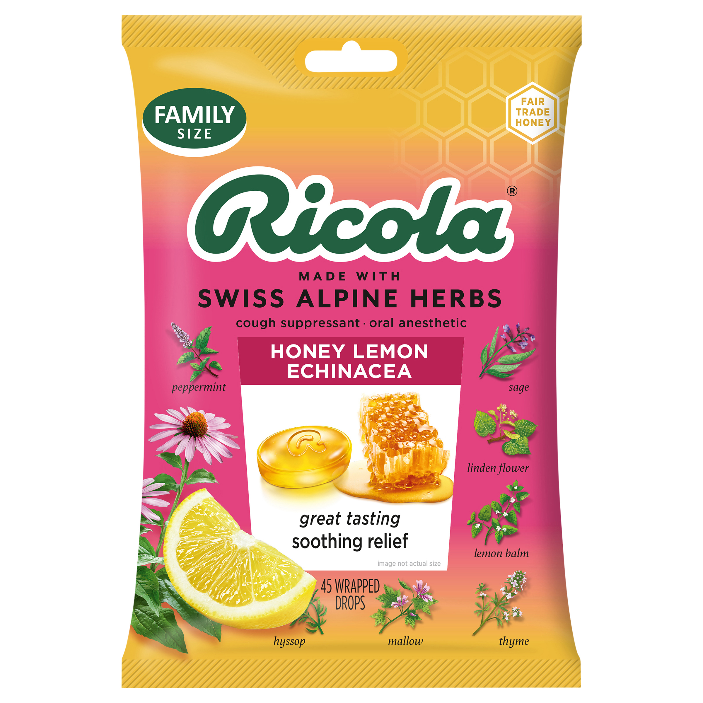 Ricola Honey Lemon with Echinacea Cough Drops  -  Throat Relief & Cough Suppressant,