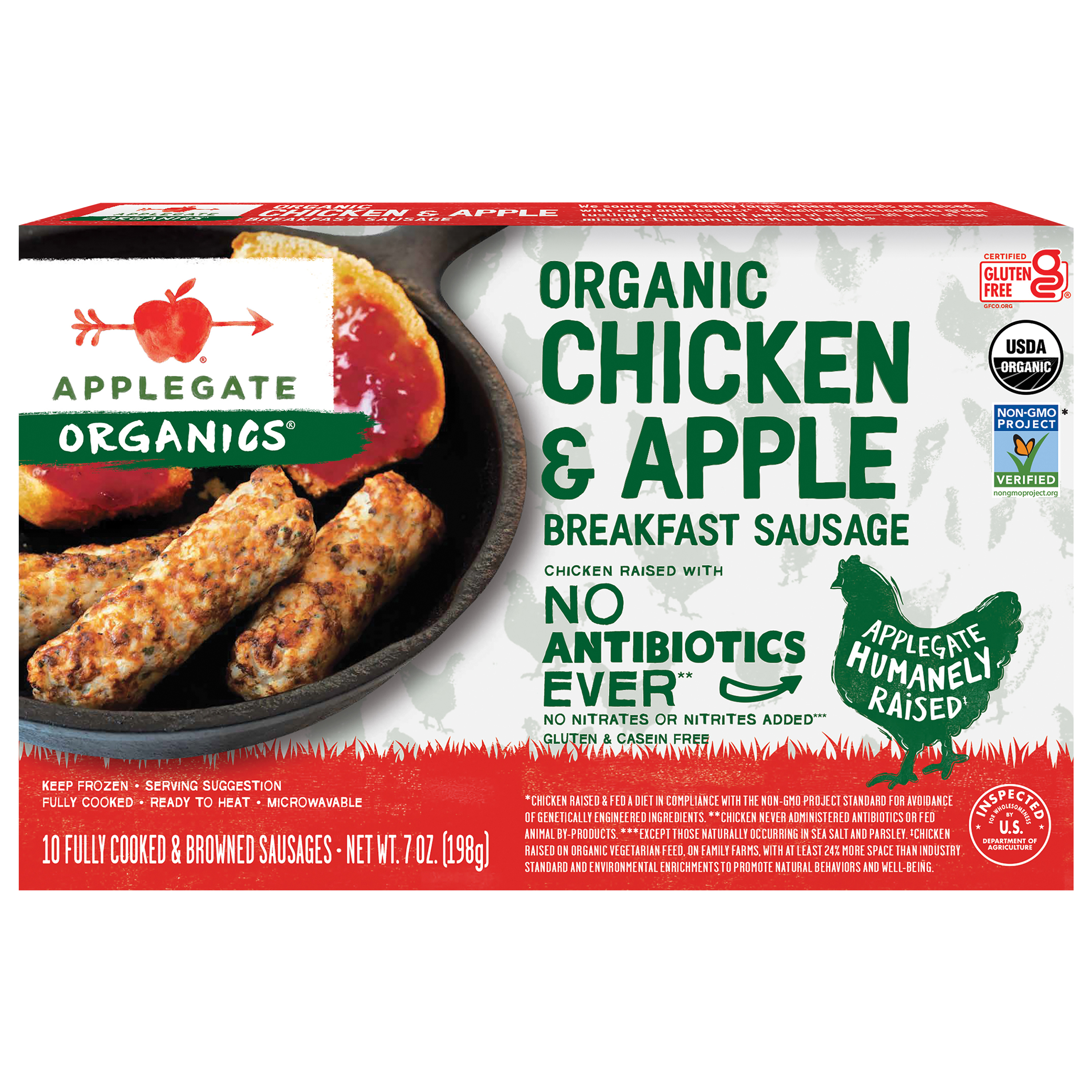 Applegate Organic Chicken & Apple Breakfast Sausage, 7oz (Frozen)