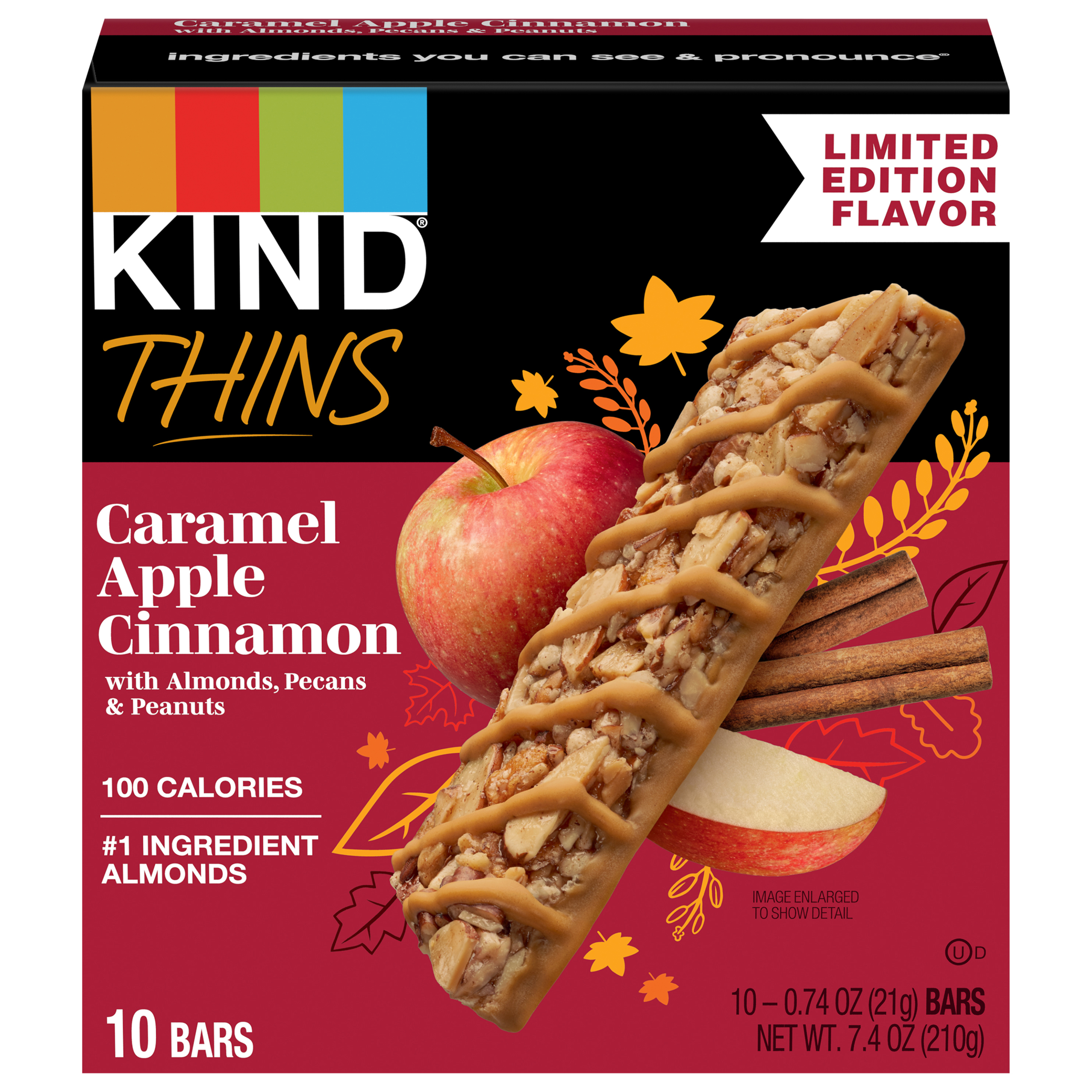 KIND THINS Caramel Apple Cinnamon Bars, Gluten Free Bars, 4g Sugar, 0.74 OZ Bars (10 Count)