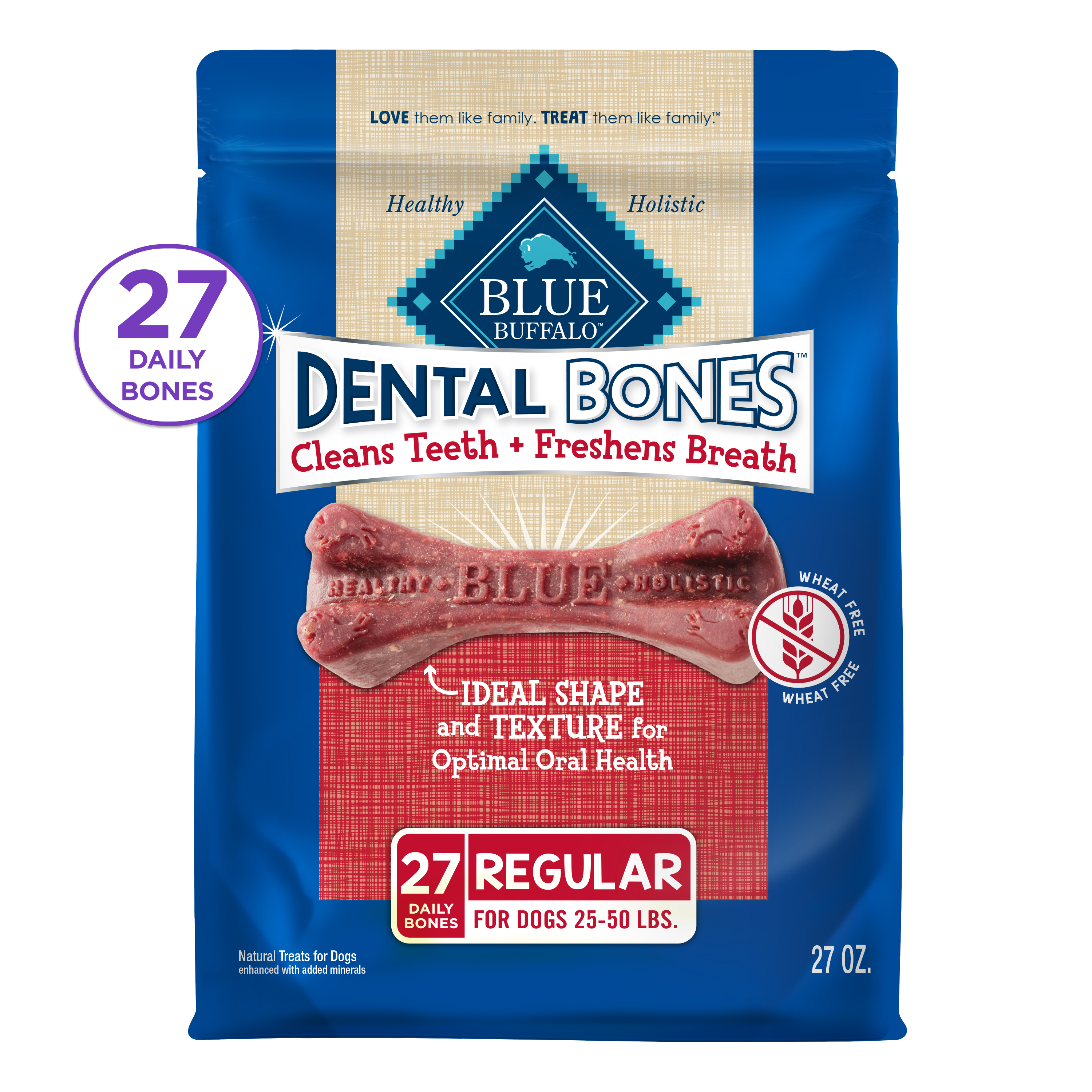 Blue Buffalo Dental Bones Regular Natural Dental Chew Dog Treats Bag Value Pack
