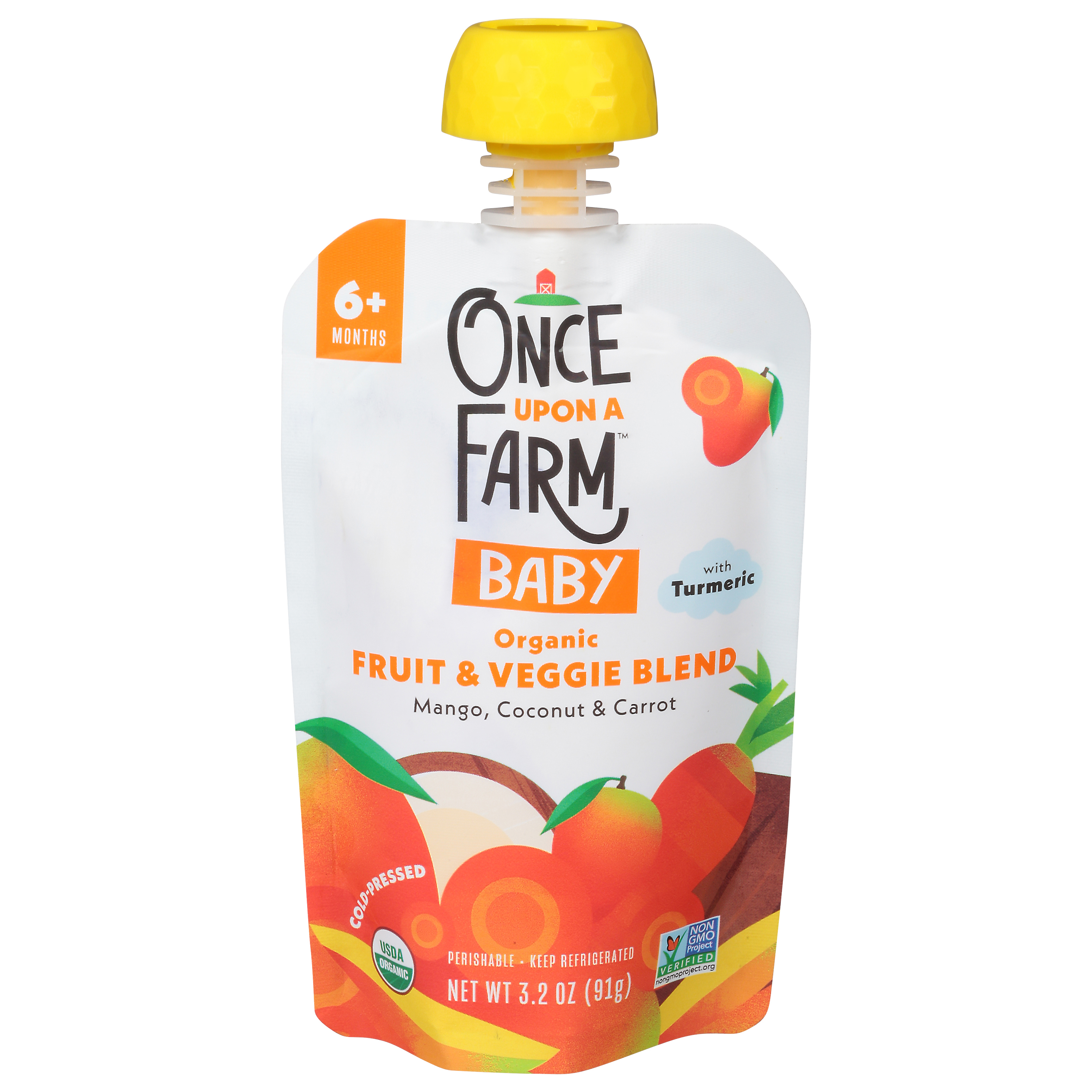 Once Upon A Farm Baby Organic Cold-Pressed Mango, Coconut & Carrot Fruit & Veggie Blend 3.2 oz Pouch