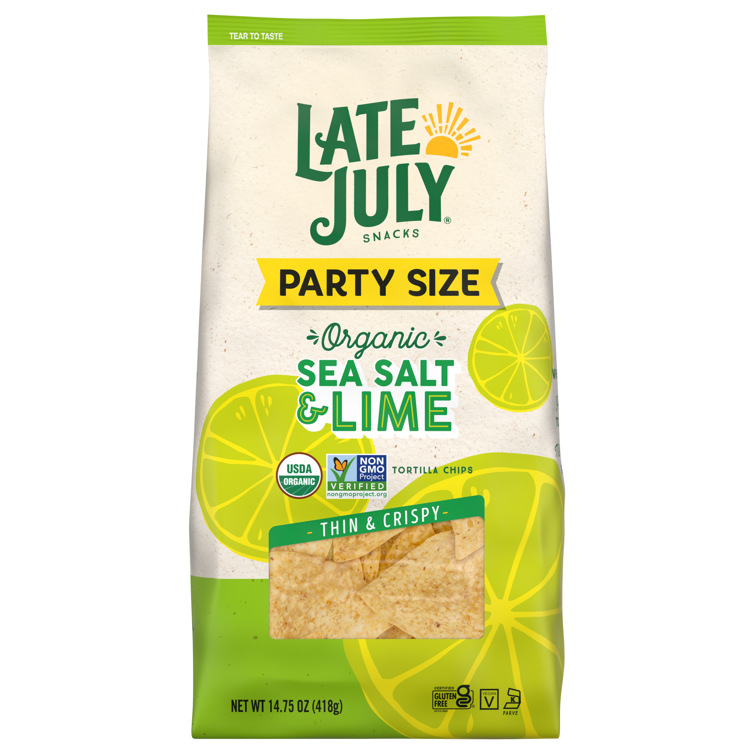 Late July Thin & Crispy Sea Salt & Lime Tortilla Chips Party size.