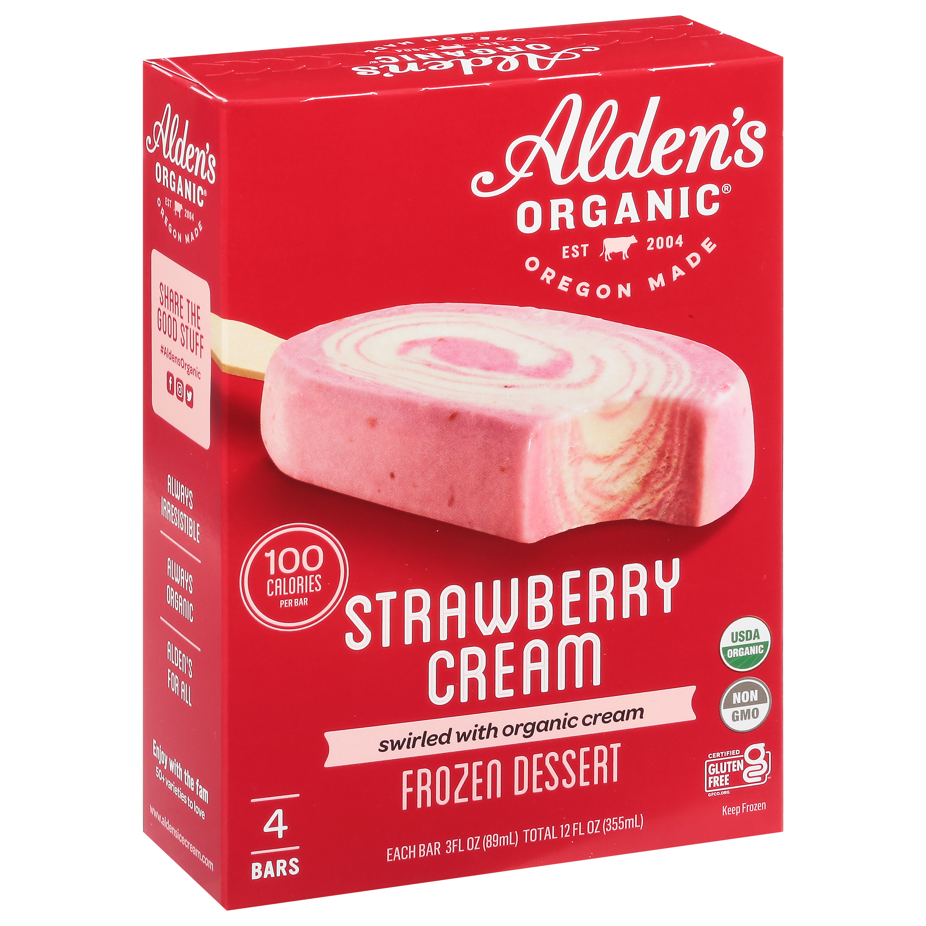 Alden's Organic Strawberry Cream Frozen Dessert 4 Bars 3 fl oz Packed, Unspecified