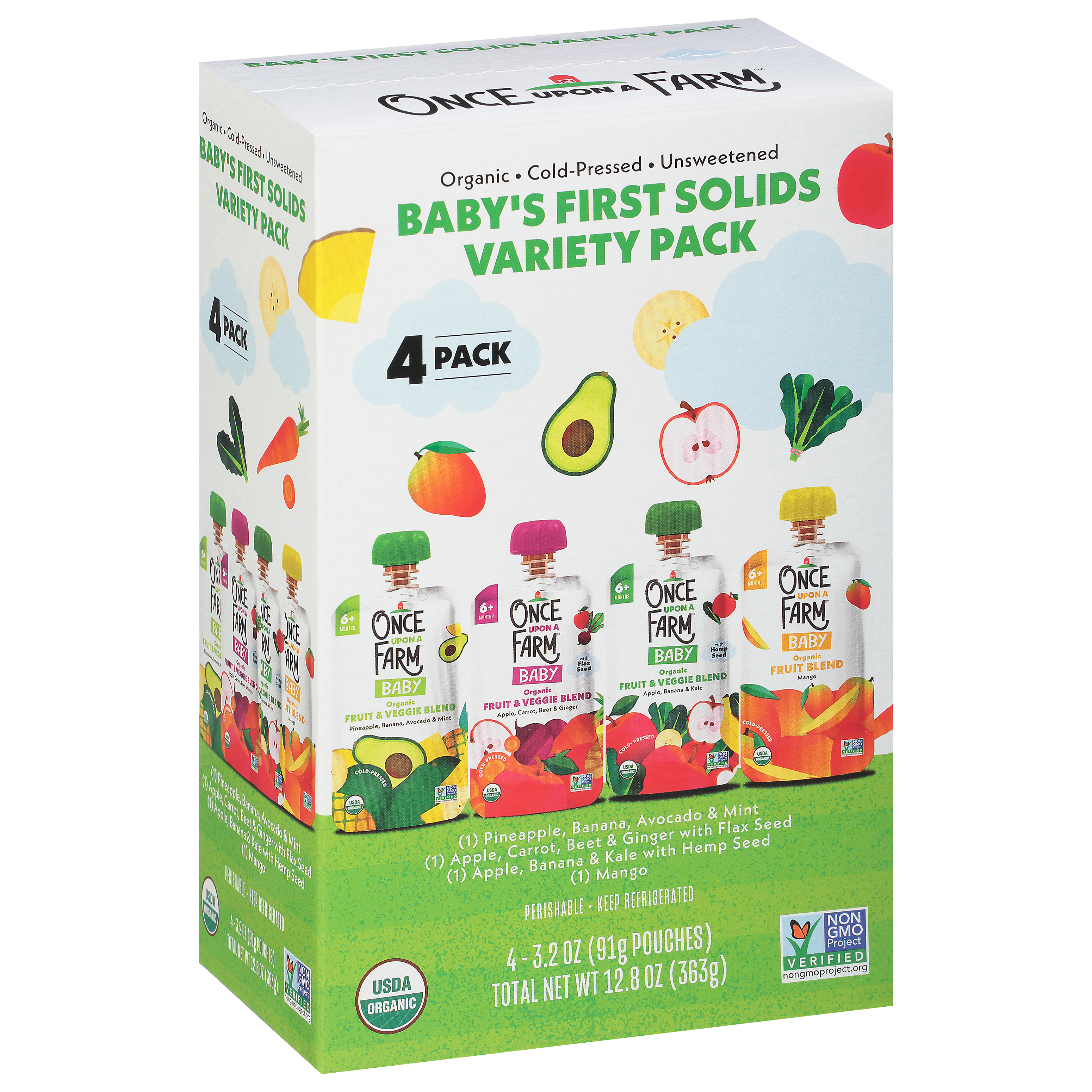 Once Upon a Farm 4 Pack Organic Variety Pack Baby's First Solids Fruit & Veggie Blend Variety Pack, 4 Pouches 3.2 oz Pouch