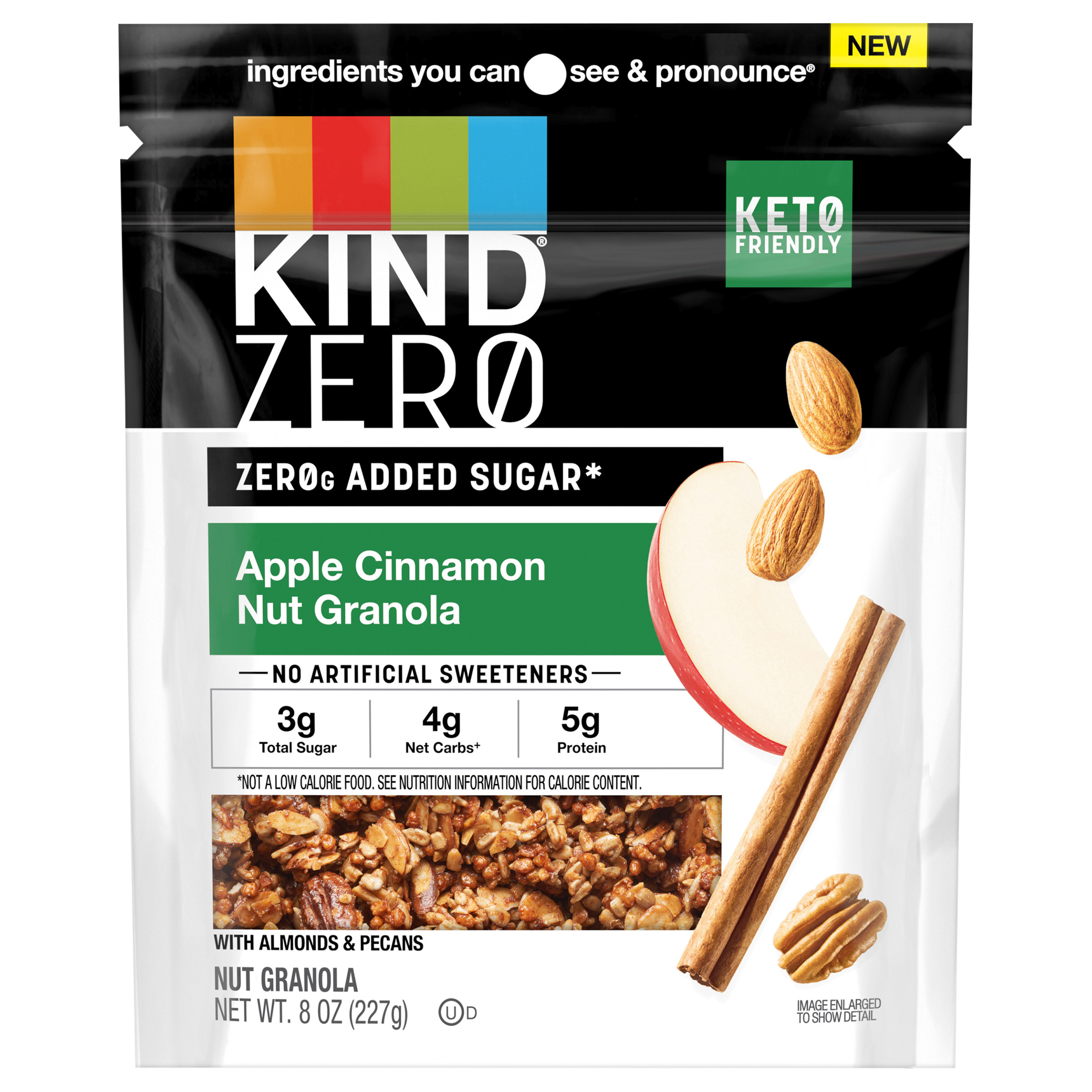 KIND ZEROg Added Sugar Nut Granola, Apple Cinnamon, Keto Friendly Snacks, Gluten Free, 8oz Pouch,