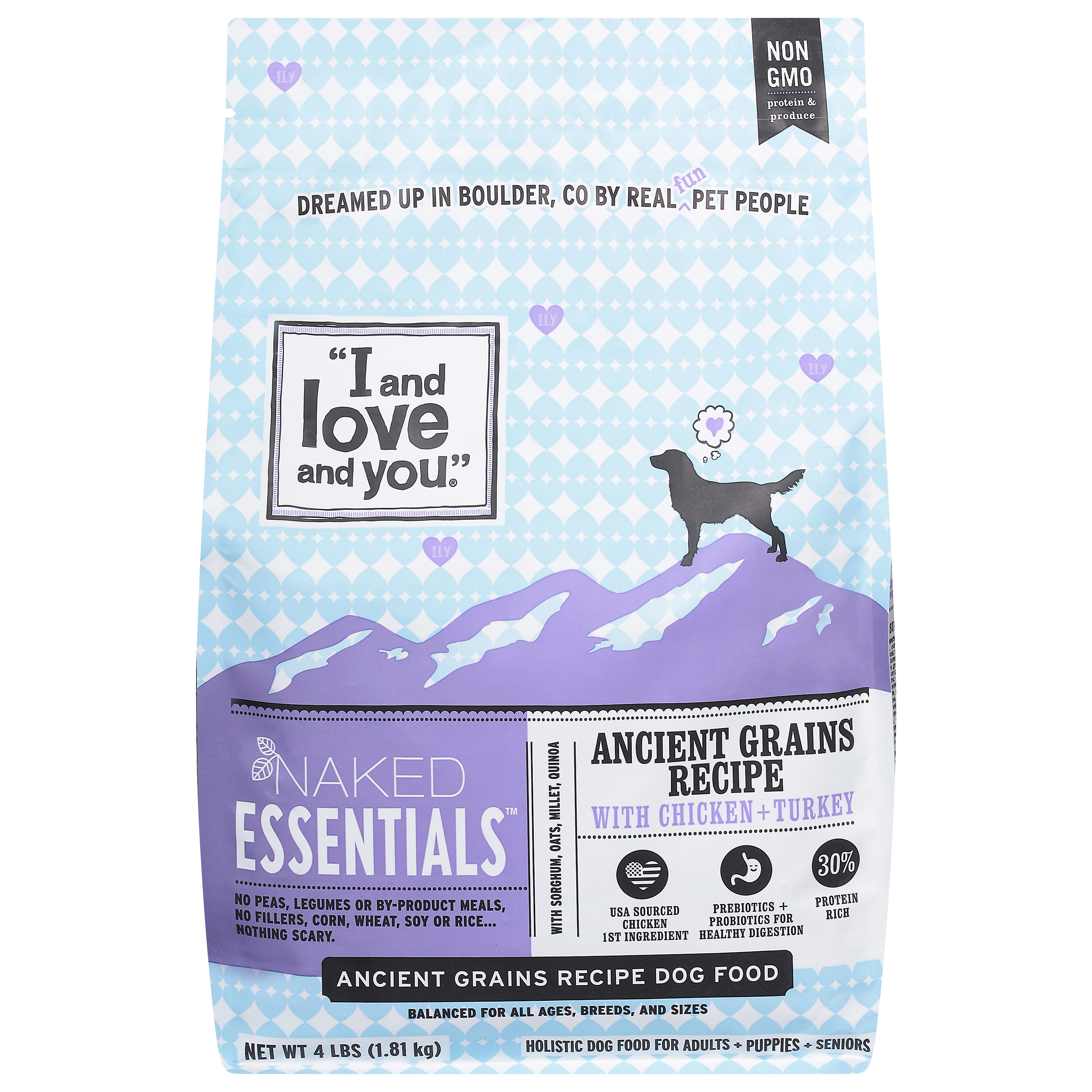 "I and love and you" Naked Essentials Ancient Grains Dry Dog Food, Chicken and Turkey Recipe, Prebiotics and Probiotics, Real Meat, No Fillers,