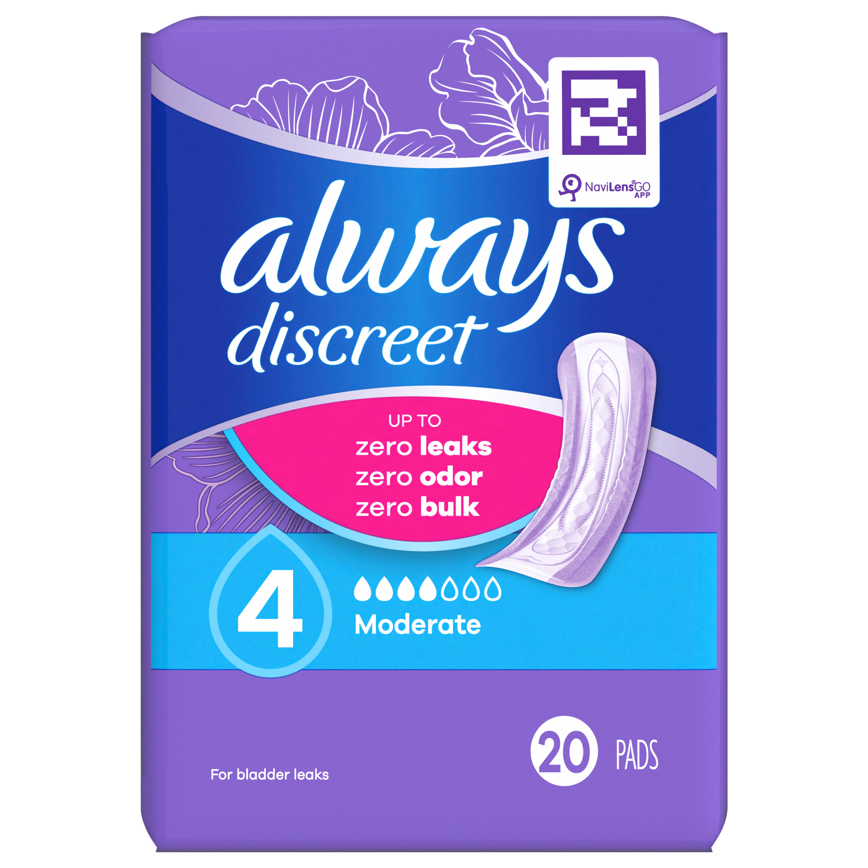 Always Discreet Adult Incontinence Pads for Women, Moderate Absorbency, Regular Length, Postpartum Pads, 20 CT