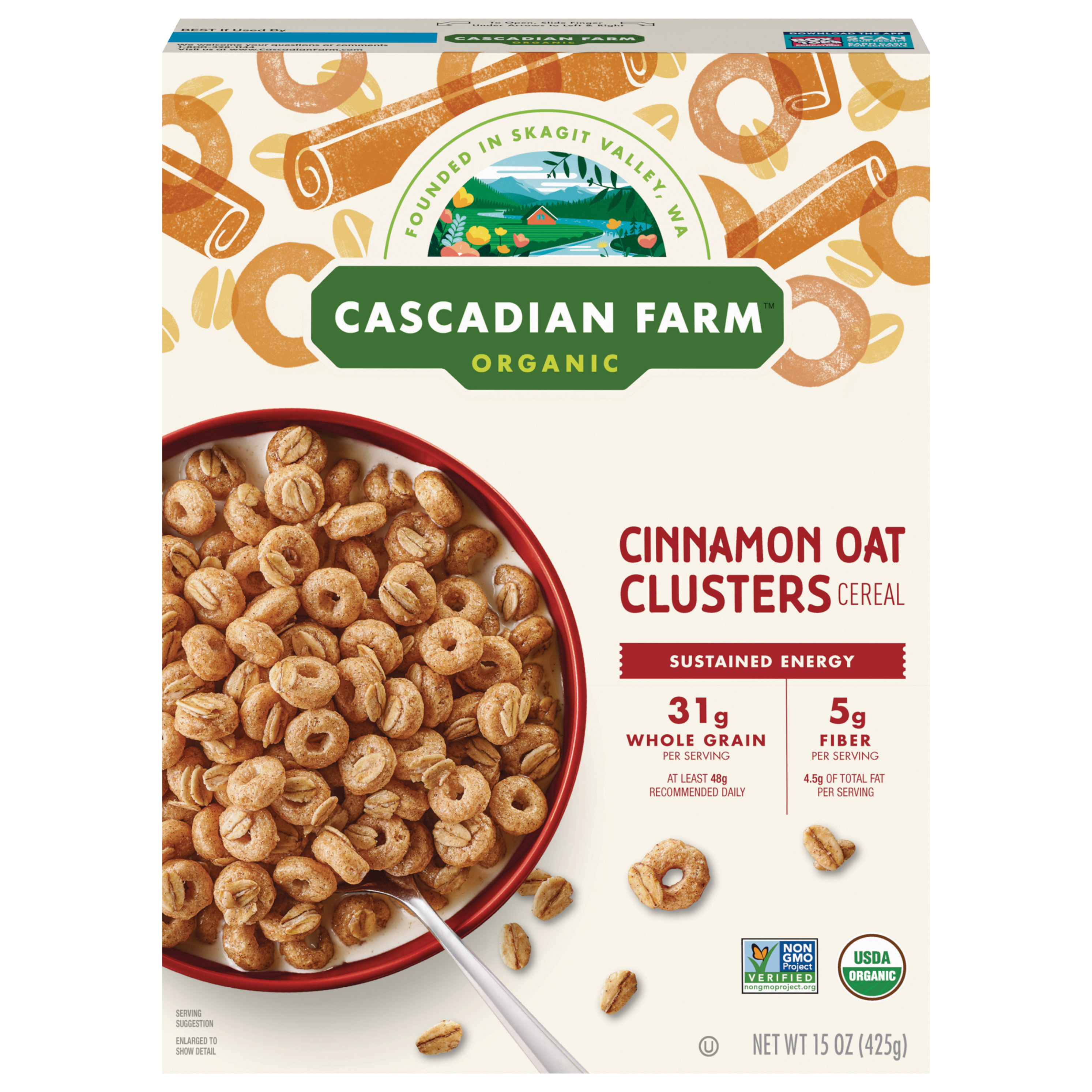Cascadian Farm Organic Cinnamon Oat Clusters Breakfast Cereal, Made With Whole Grain, Non-GMO,
